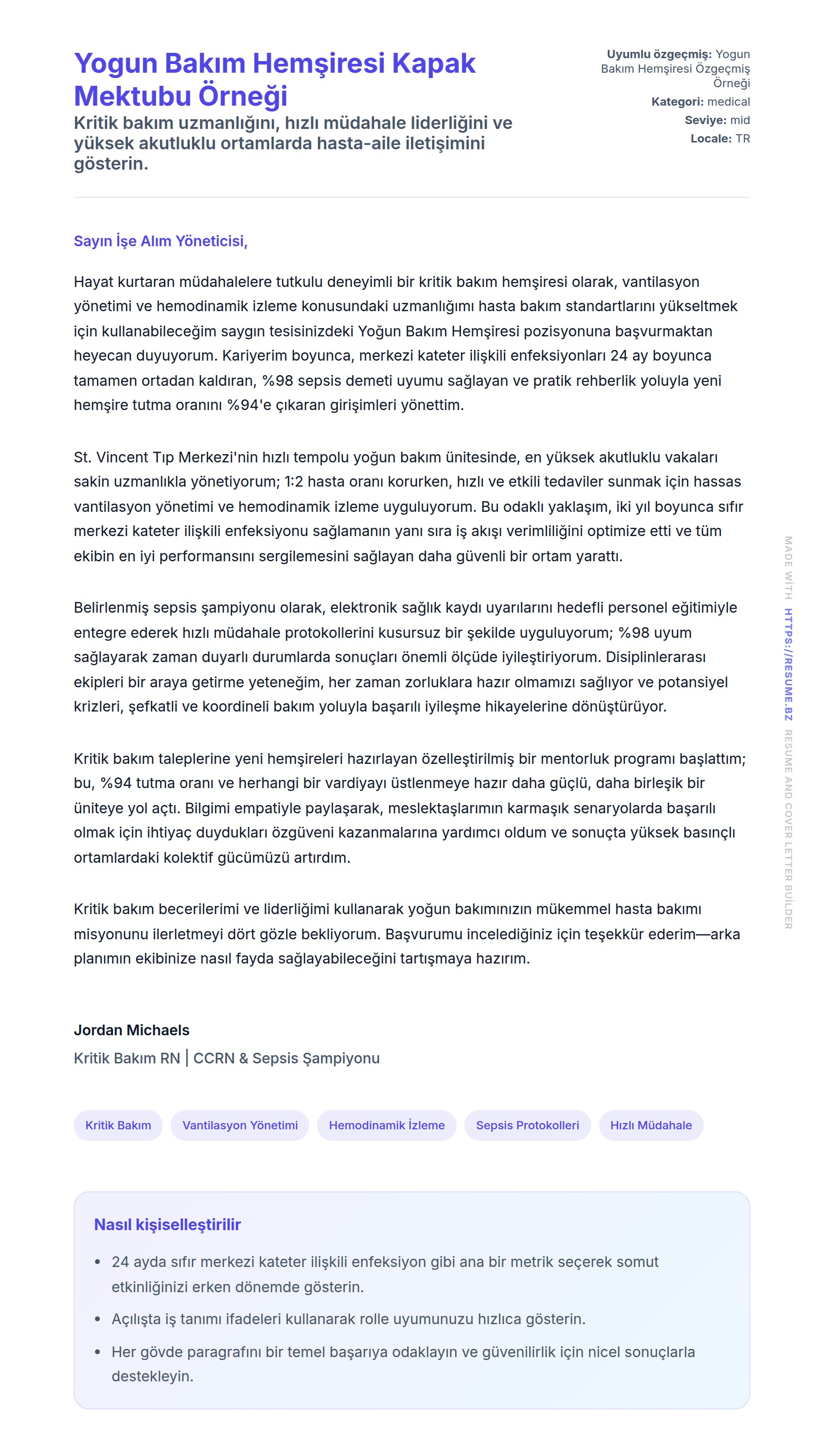 Kapak Mektubu önizlemesi Yogun Bakım Hemşiresi Kapak Mektubu Örneği için