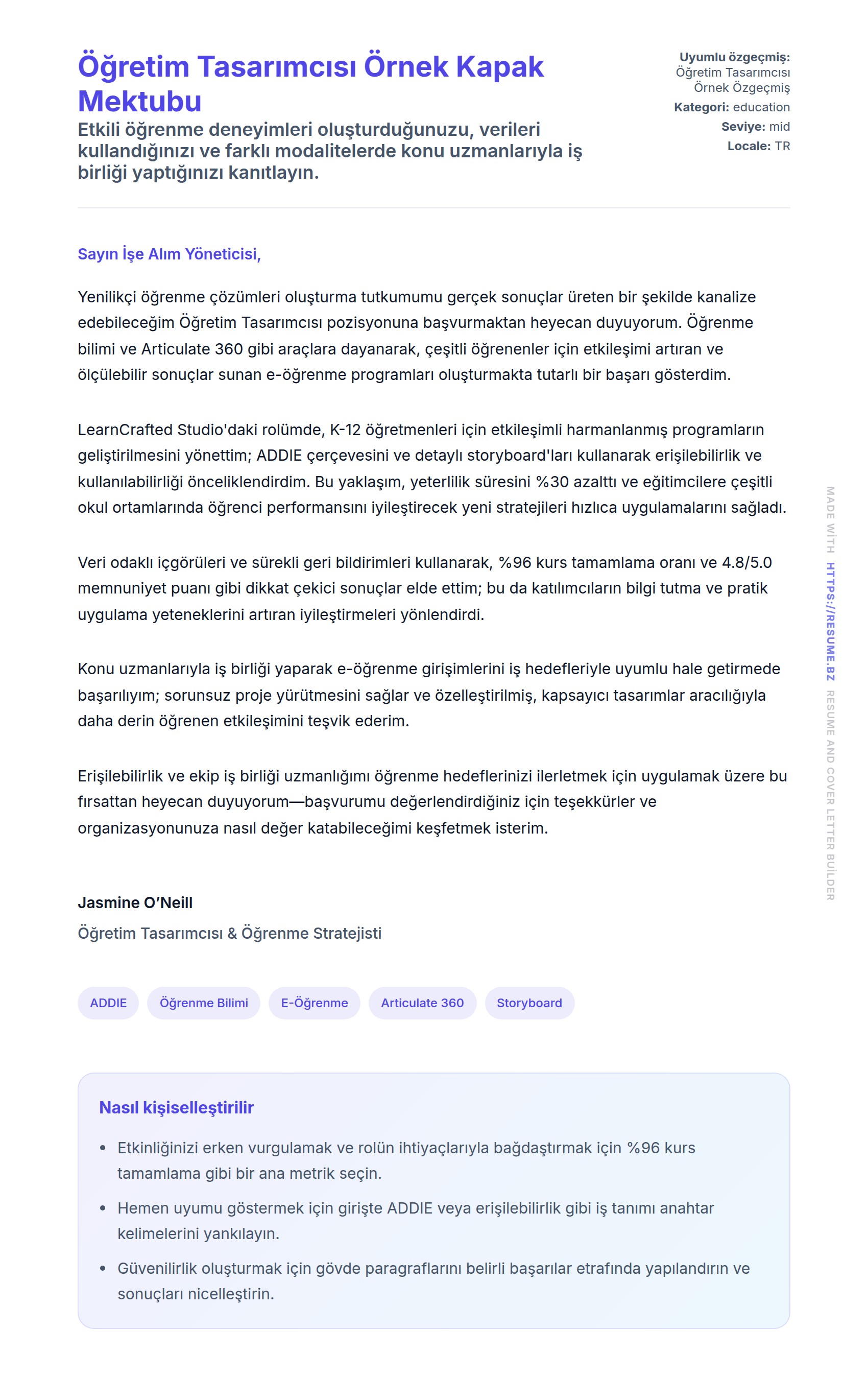 Kapak Mektubu önizlemesi Öğretim Tasarımcısı Örnek Kapak Mektubu için