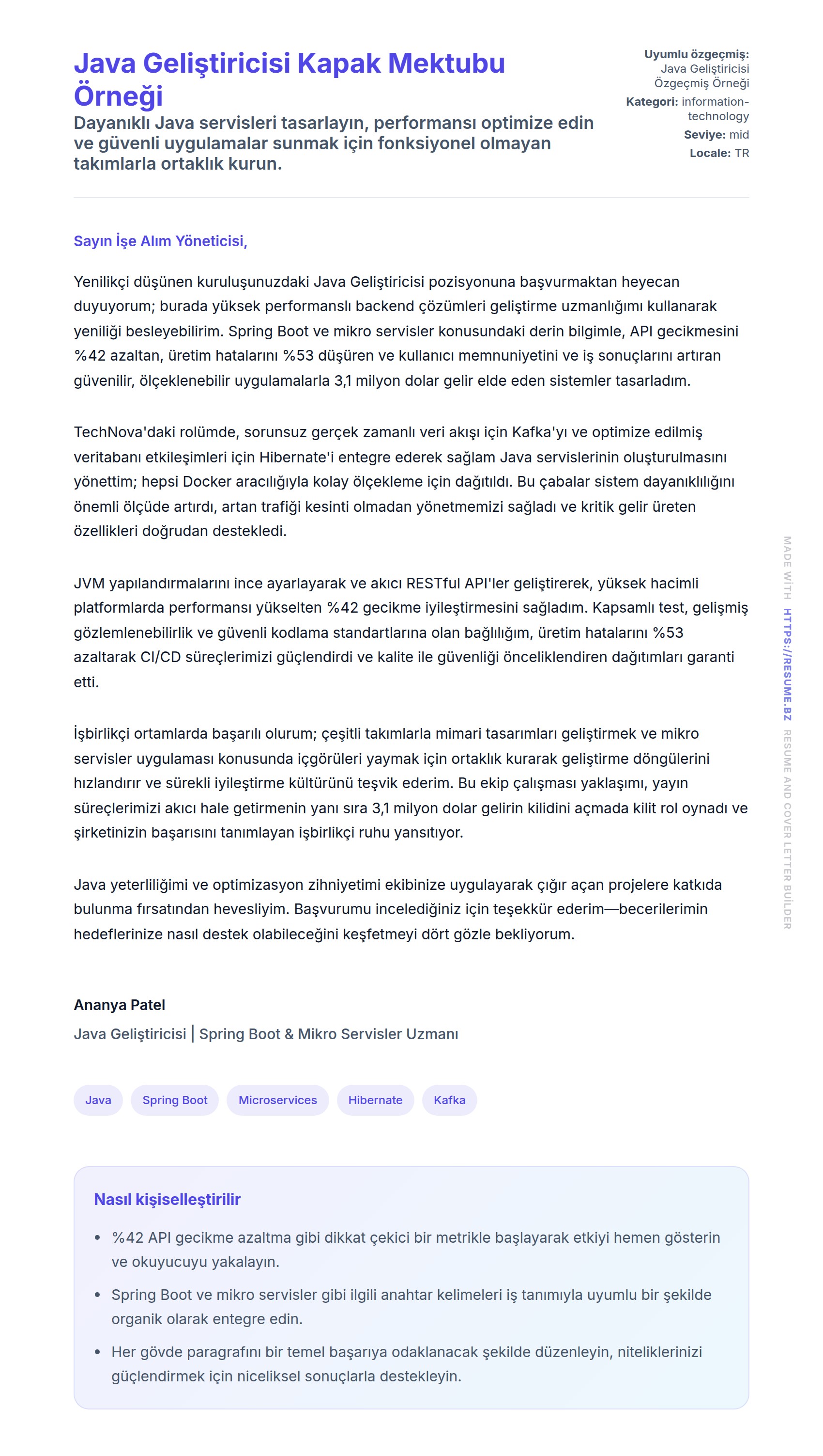 Kapak Mektubu önizlemesi Java Geliştiricisi Kapak Mektubu Örneği için