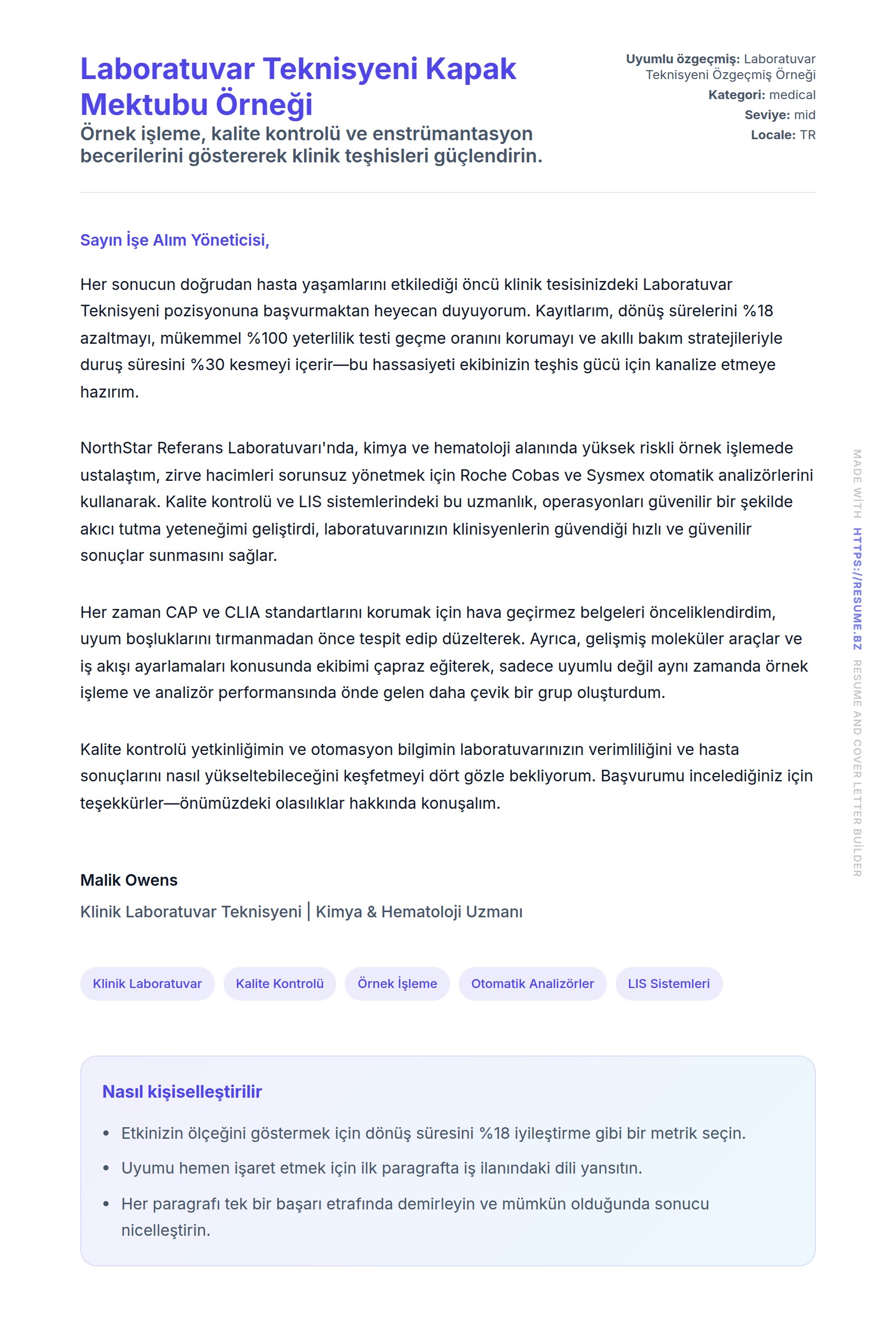 Kapak Mektubu önizlemesi Laboratuvar Teknisyeni Kapak Mektubu Örneği için