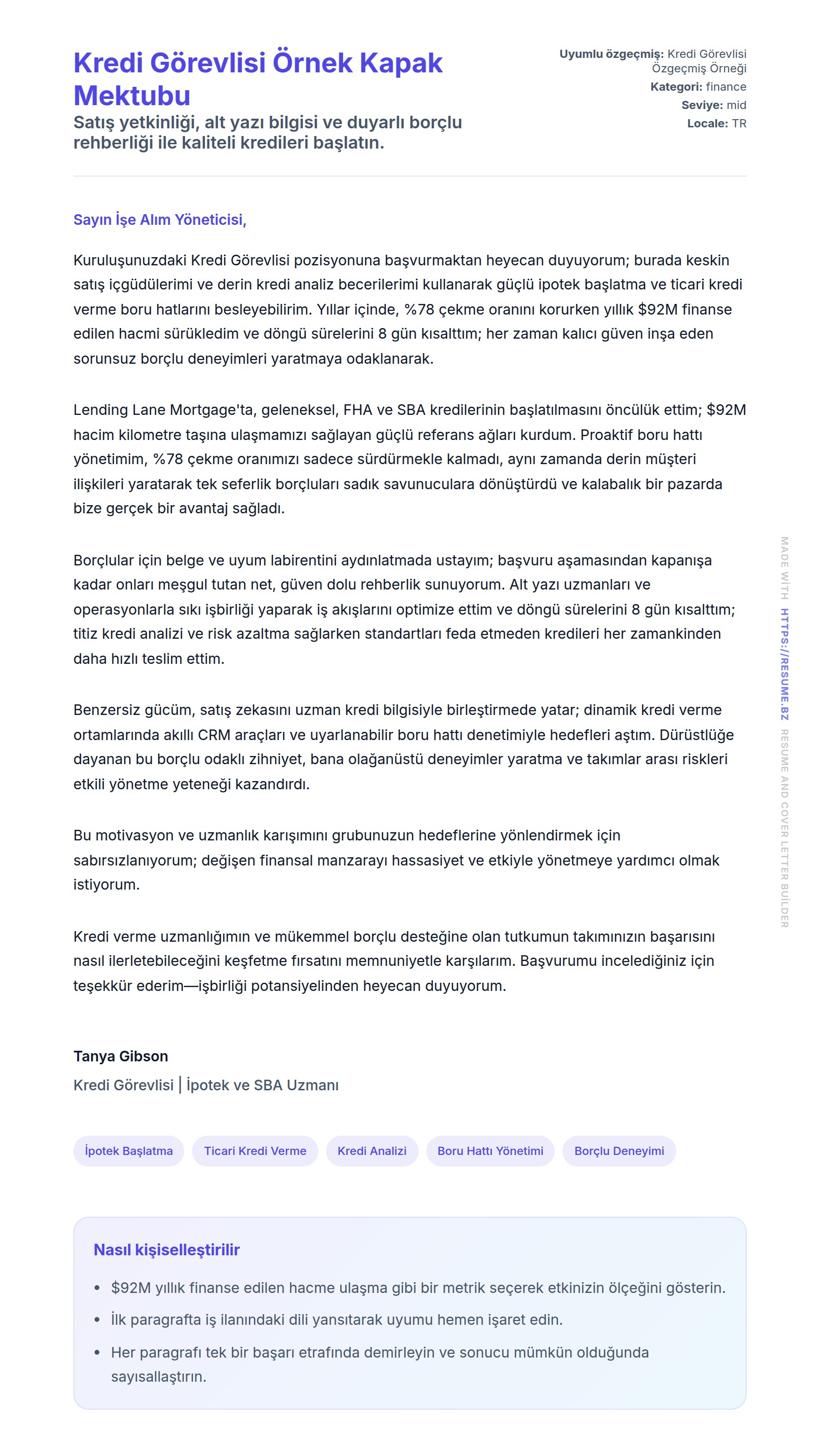Kapak Mektubu önizlemesi Kredi Görevlisi Örnek Kapak Mektubu için