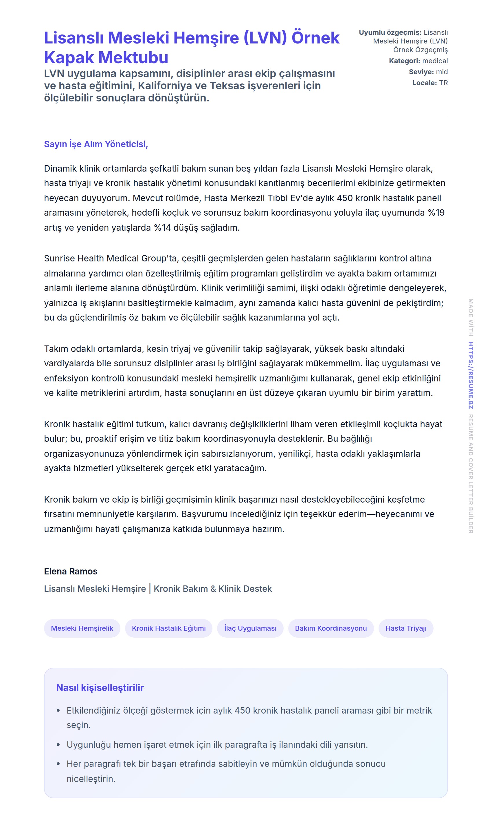 Kapak Mektubu önizlemesi Lisanslı Mesleki Hemşire (LVN) Örnek Kapak Mektubu için