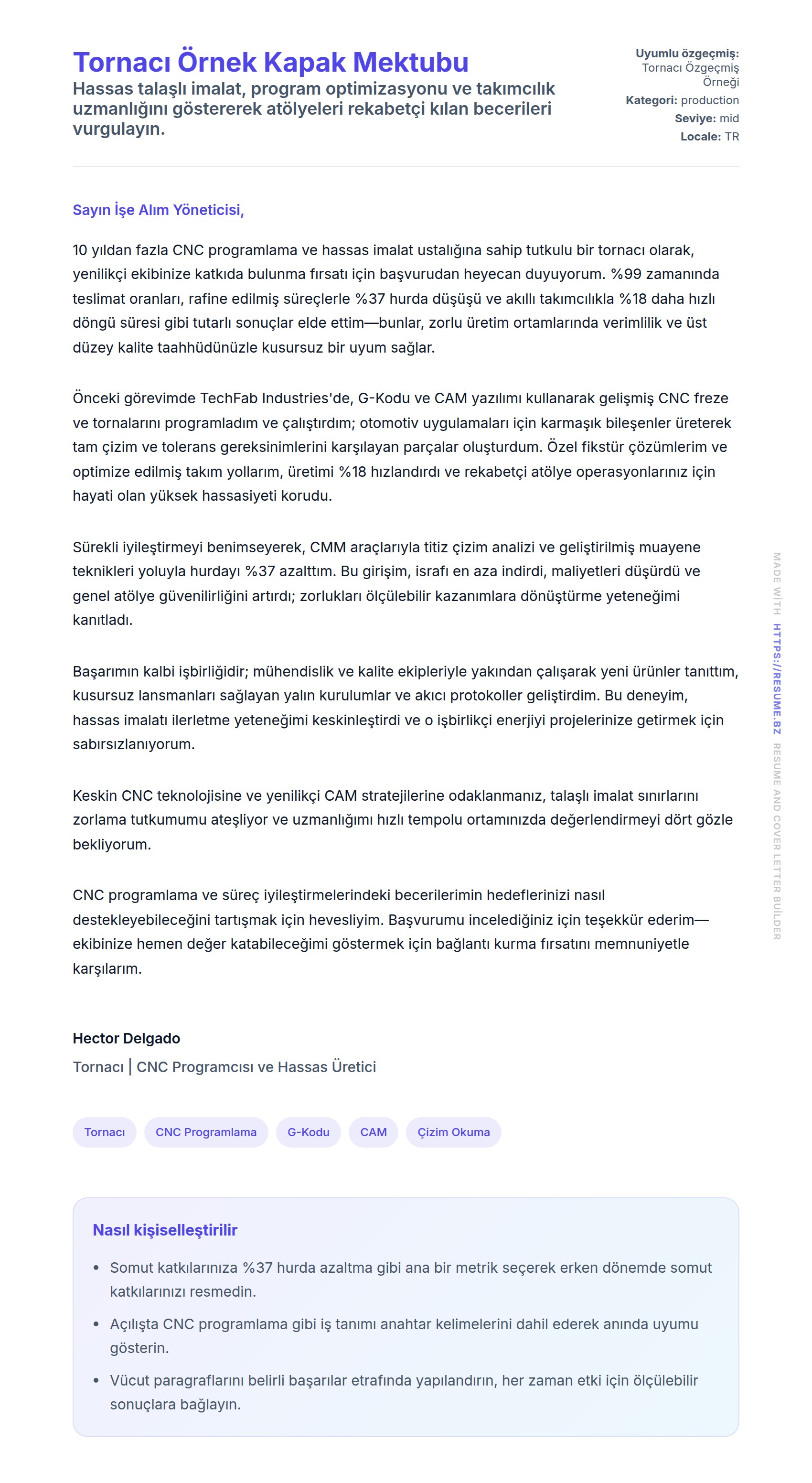 Kapak Mektubu önizlemesi Tornacı Örnek Kapak Mektubu için