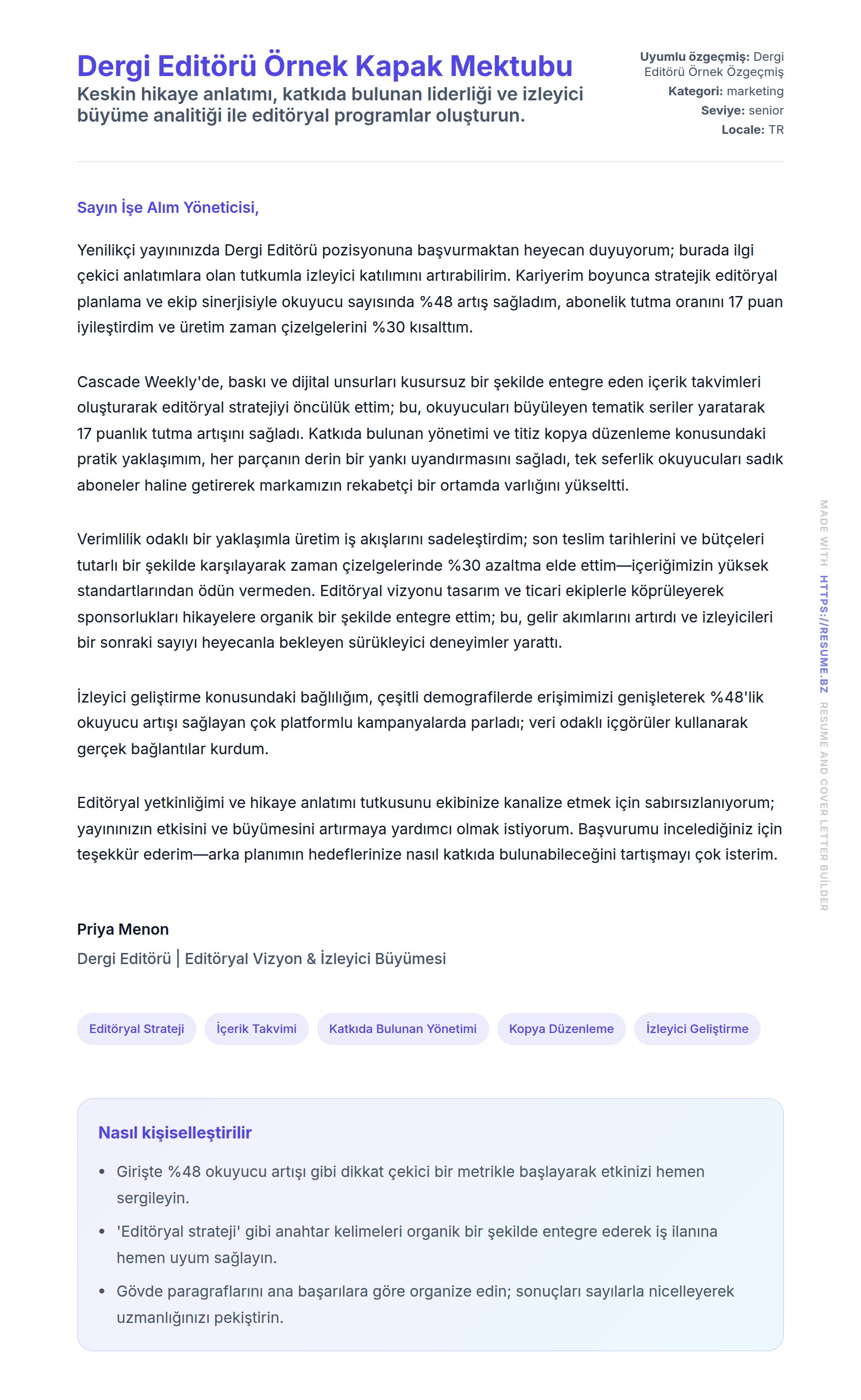 Dergi Editörü Örnek Kapak Mektubu