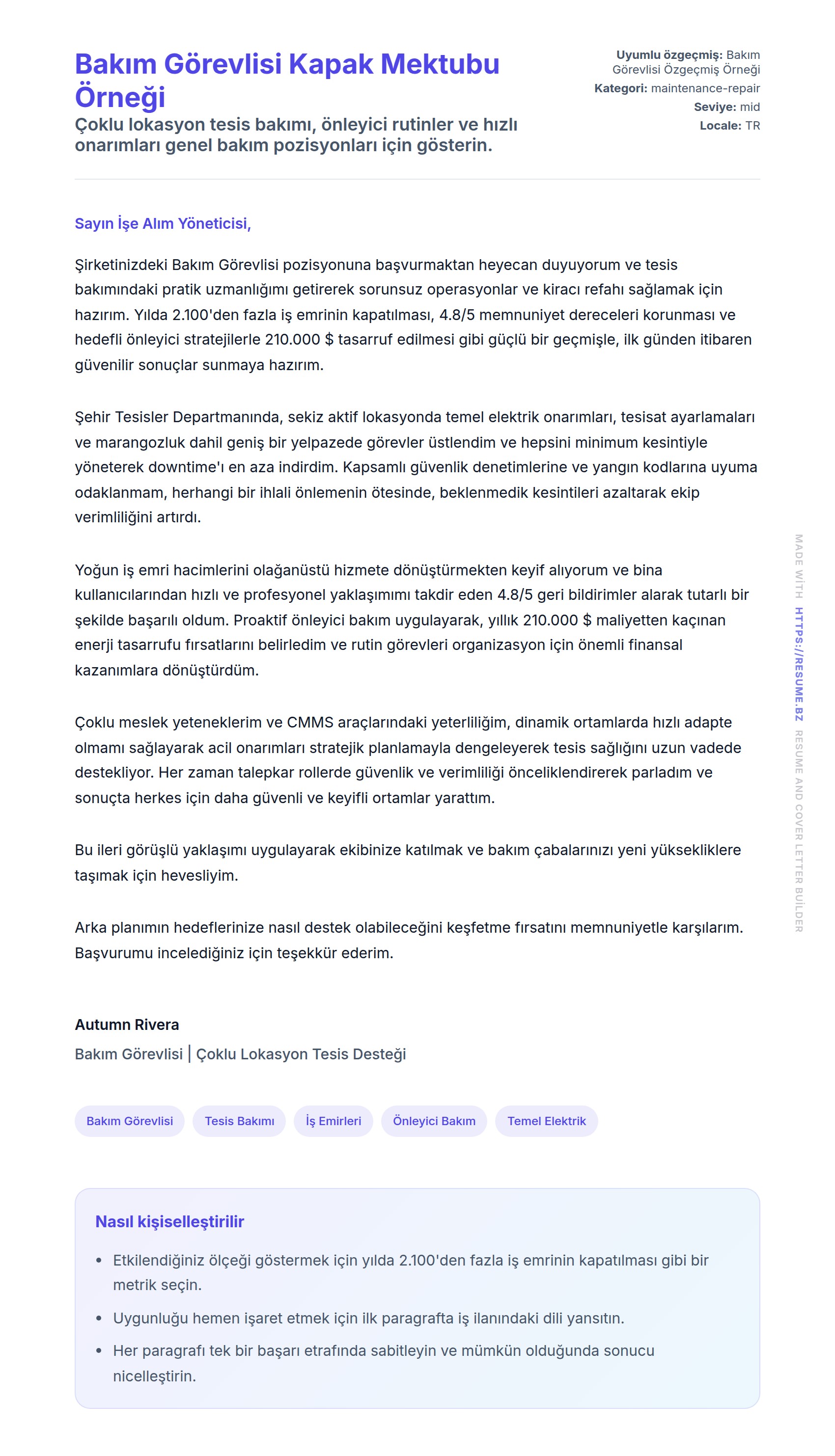 Kapak Mektubu önizlemesi Bakım Görevlisi Kapak Mektubu Örneği için