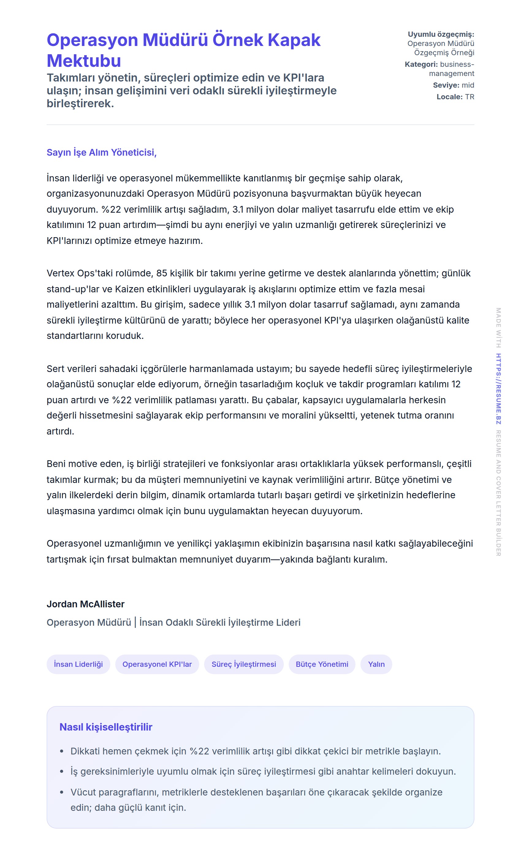 Operasyon Müdürü Örnek Kapak Mektubu