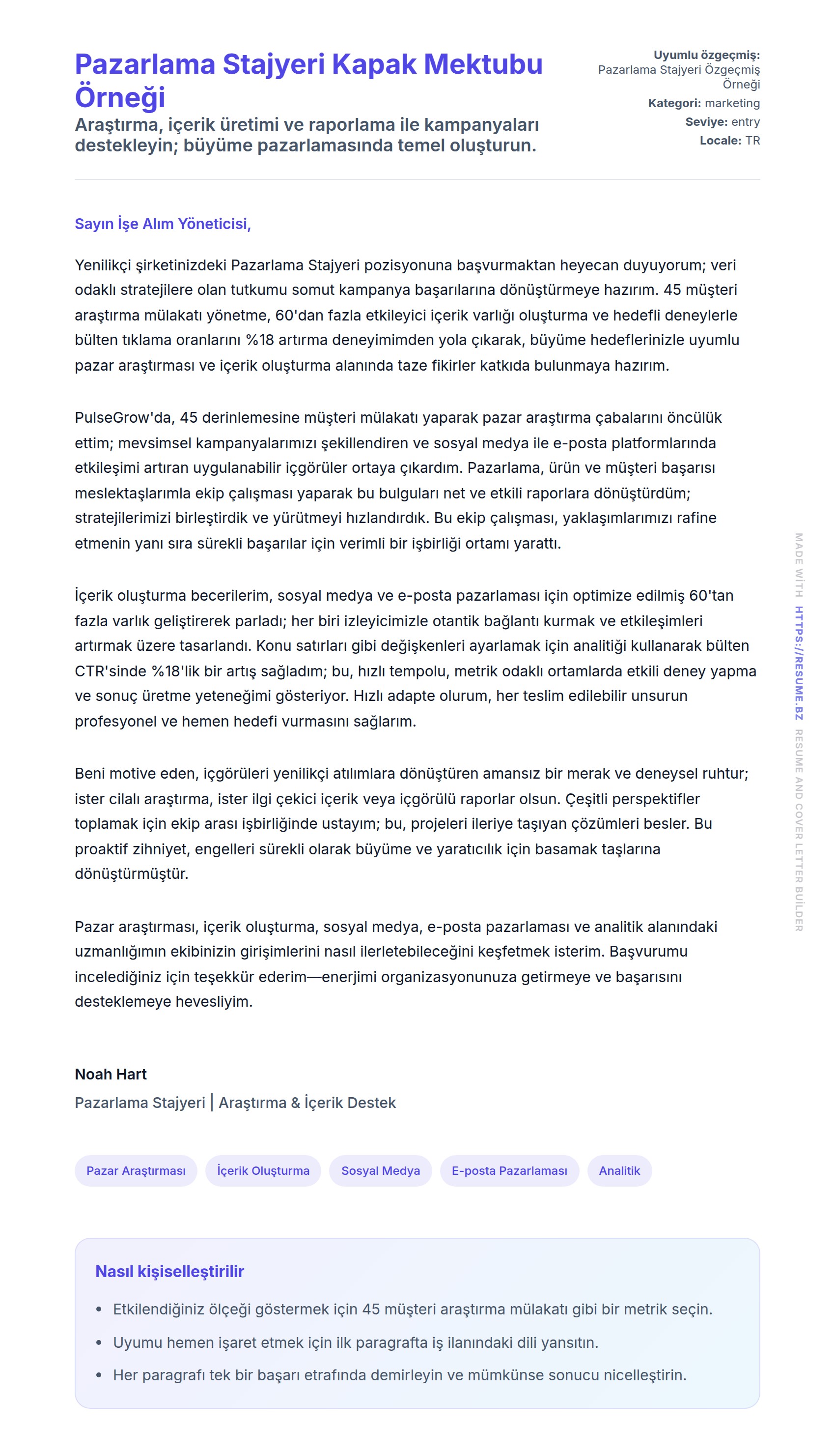 Kapak Mektubu önizlemesi Pazarlama Stajyeri Kapak Mektubu Örneği için