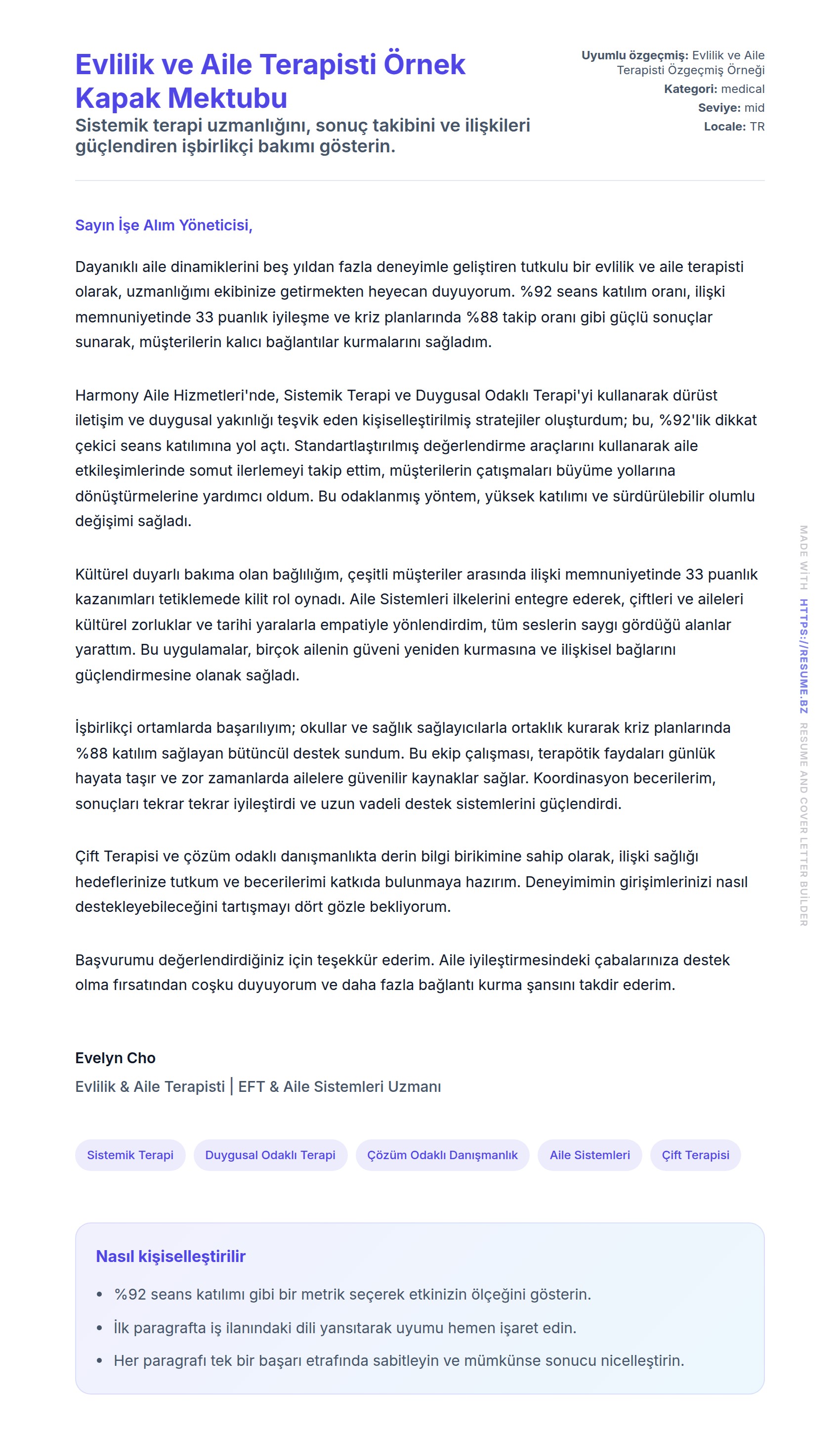 Kapak Mektubu önizlemesi Evlilik ve Aile Terapisti Örnek Kapak Mektubu için