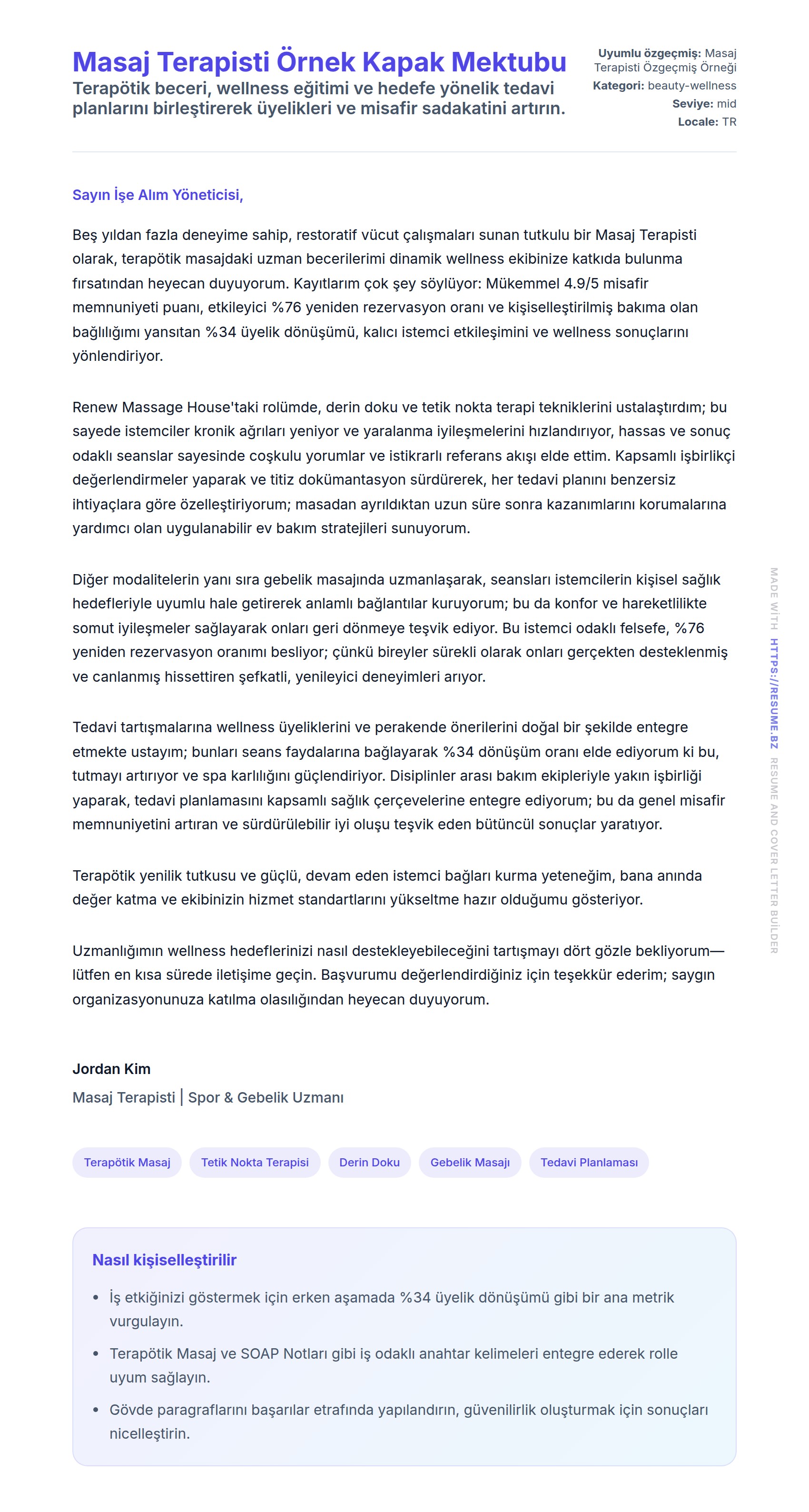 Kapak Mektubu önizlemesi Masaj Terapisti Örnek Kapak Mektubu için