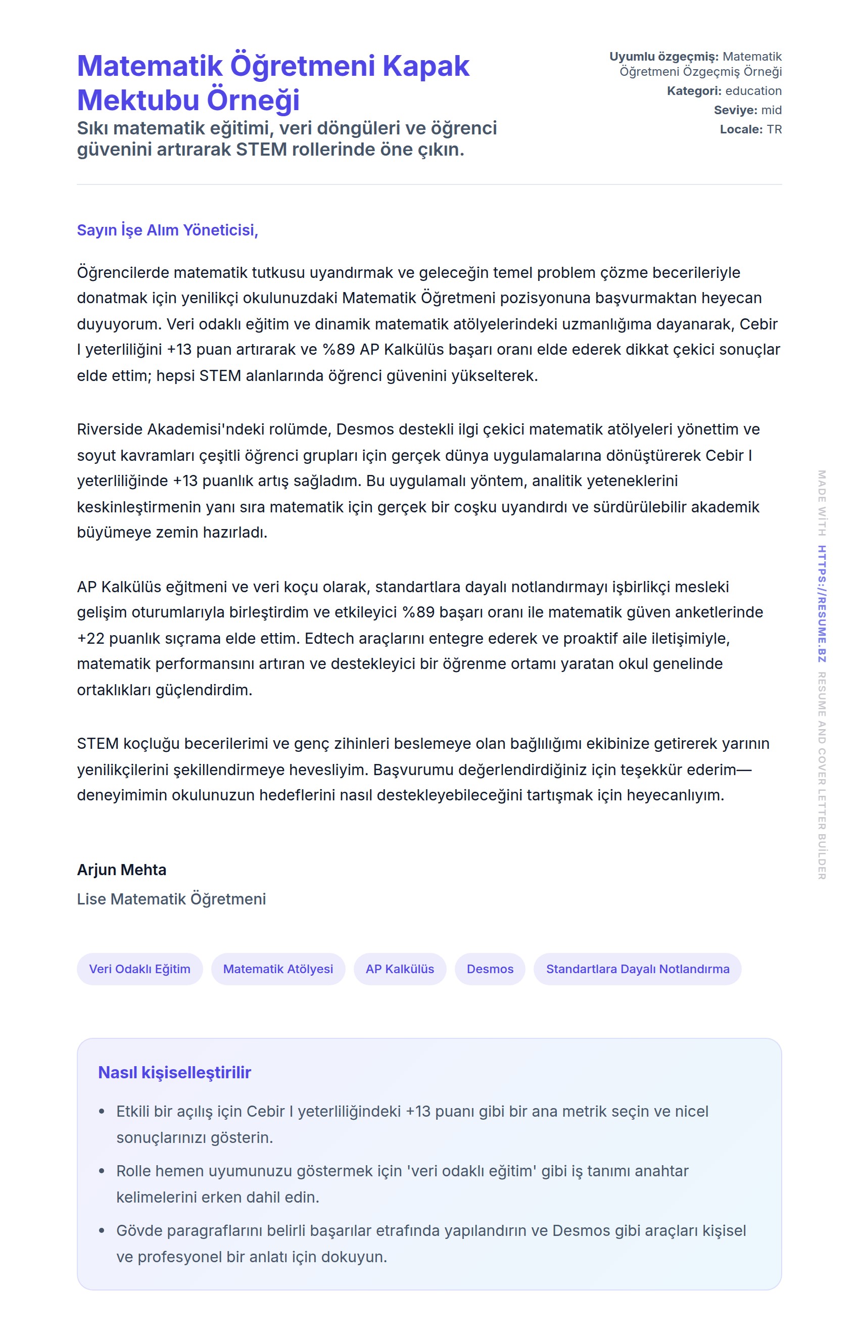 Kapak Mektubu önizlemesi Matematik Öğretmeni Kapak Mektubu Örneği için