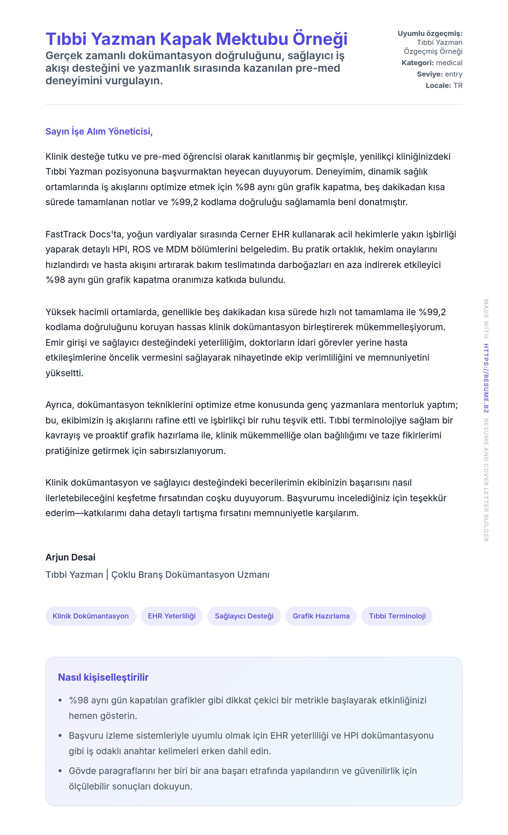 Kapak Mektubu önizlemesi Tıbbi Yazman Kapak Mektubu Örneği için