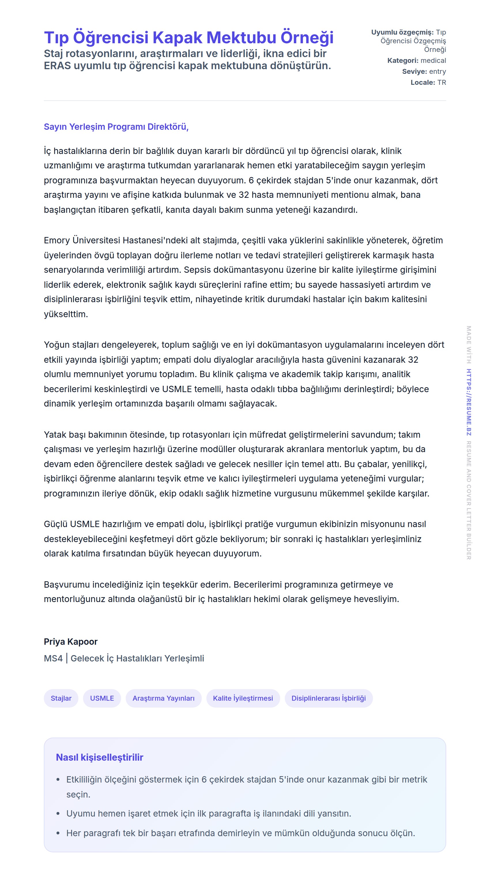 Kapak Mektubu önizlemesi Tıp Öğrencisi Kapak Mektubu Örneği için