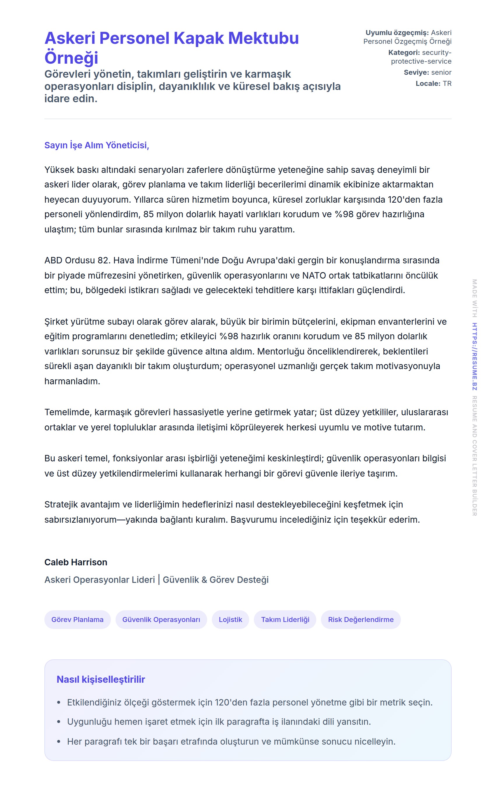 Kapak Mektubu önizlemesi Askeri Personel Kapak Mektubu Örneği için