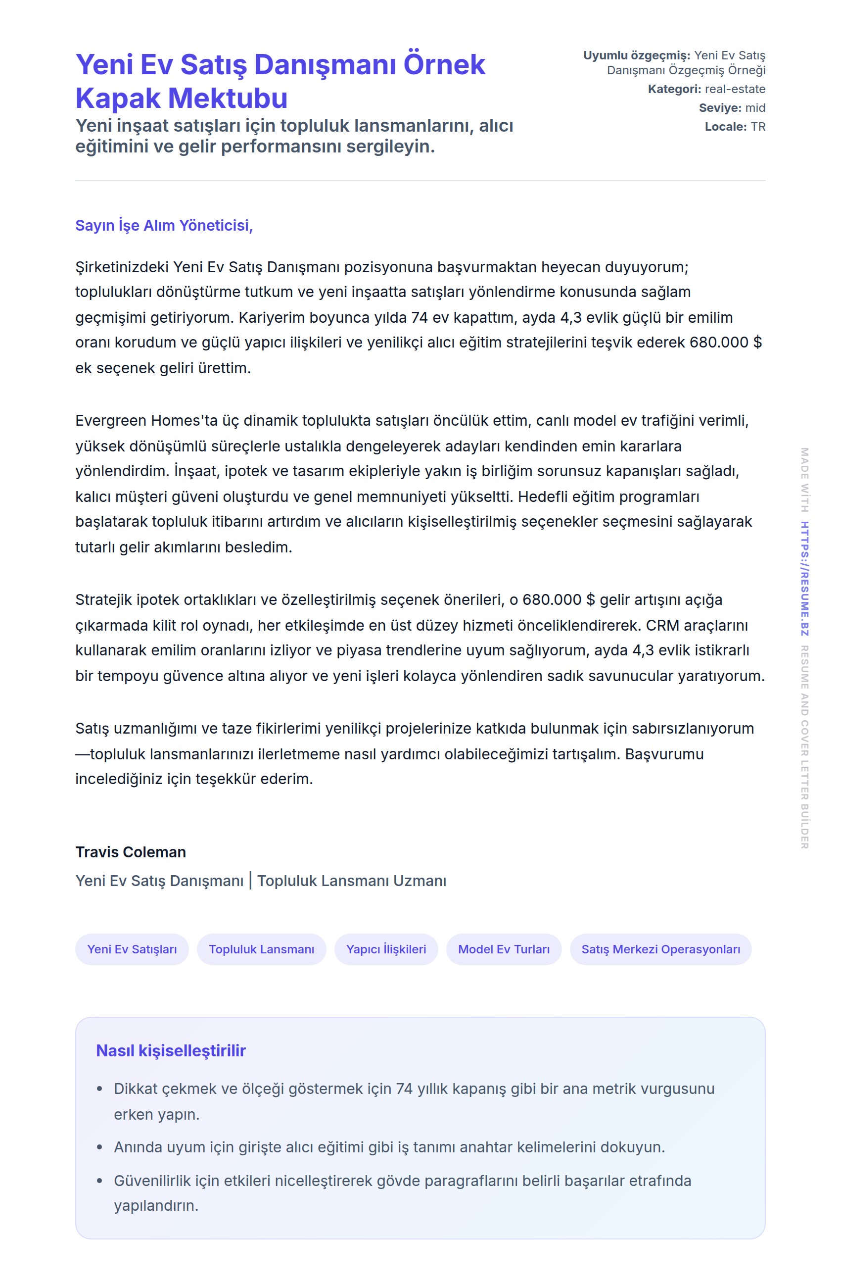 Yeni Ev Satış Danışmanı Örnek Kapak Mektubu