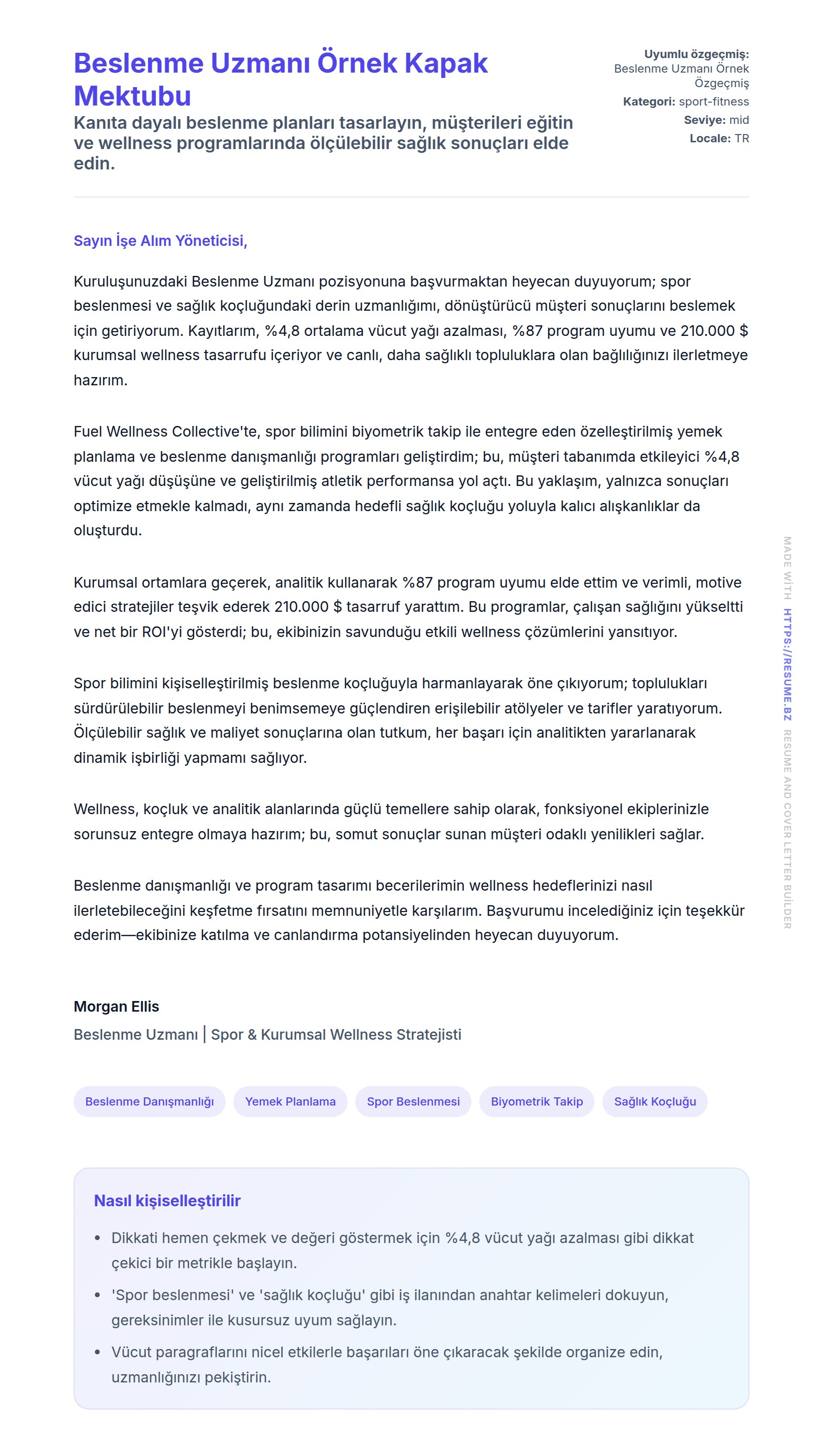 Beslenme Uzmanı Örnek Kapak Mektubu