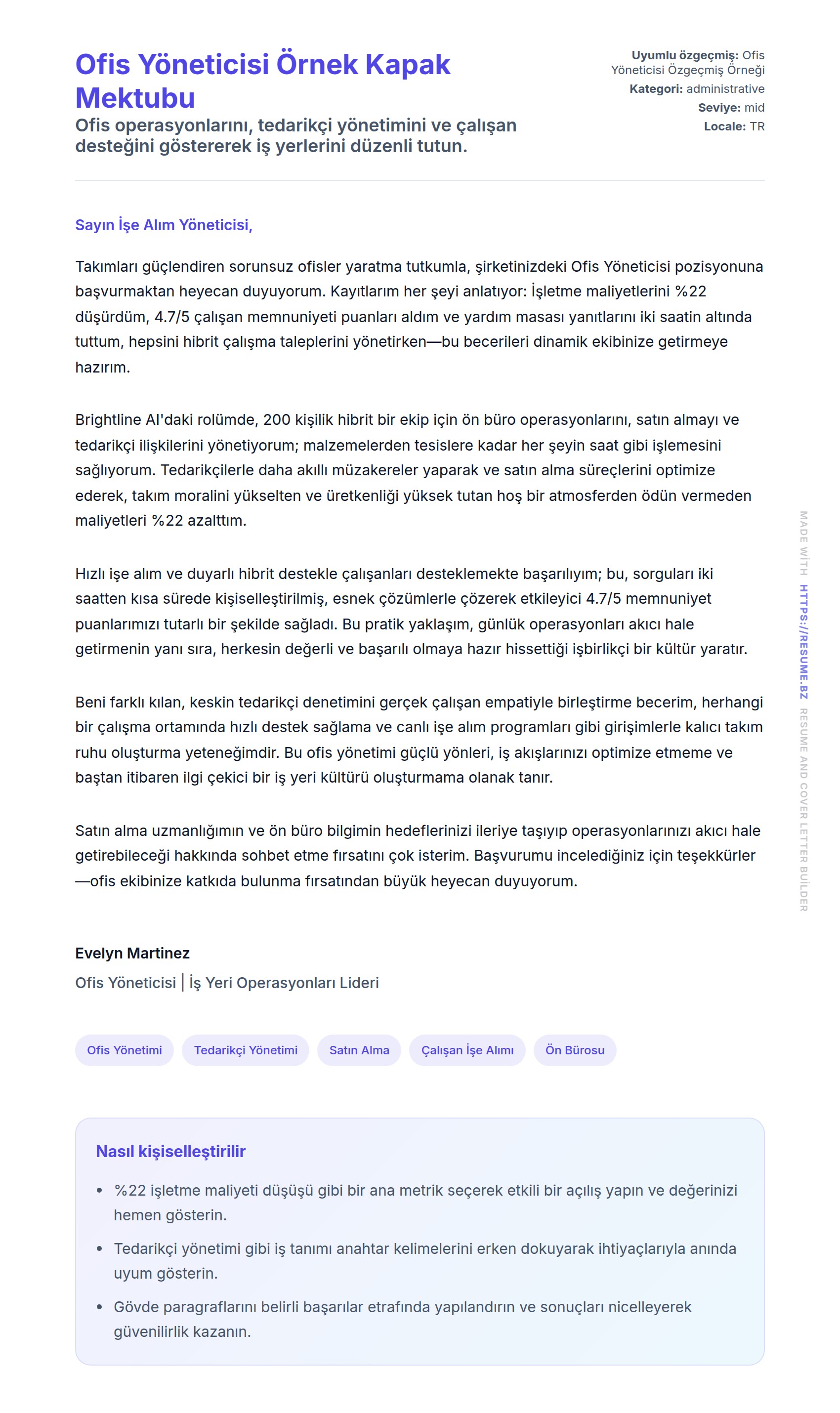 Kapak Mektubu önizlemesi Ofis Yöneticisi Örnek Kapak Mektubu için