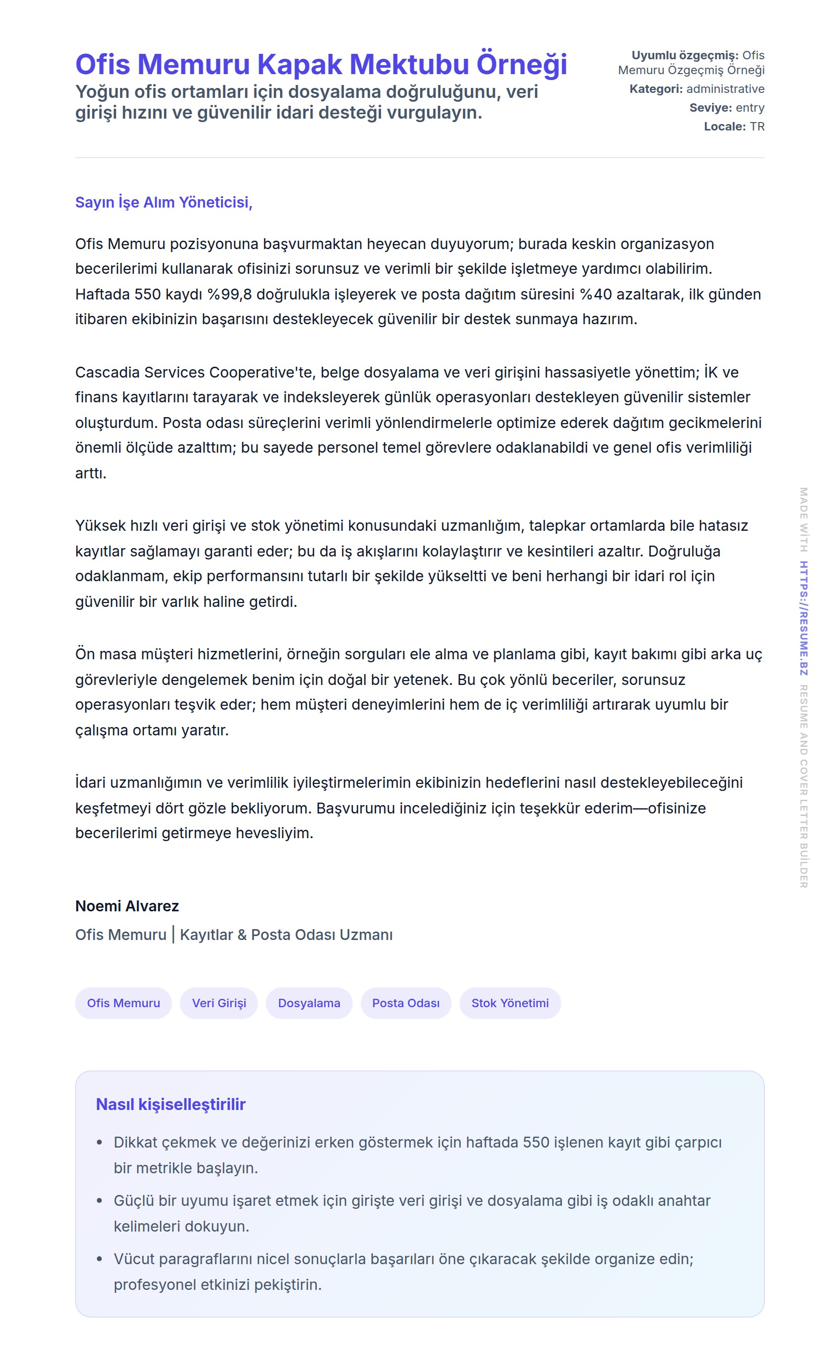 Kapak Mektubu önizlemesi Ofis Memuru Kapak Mektubu Örneği için