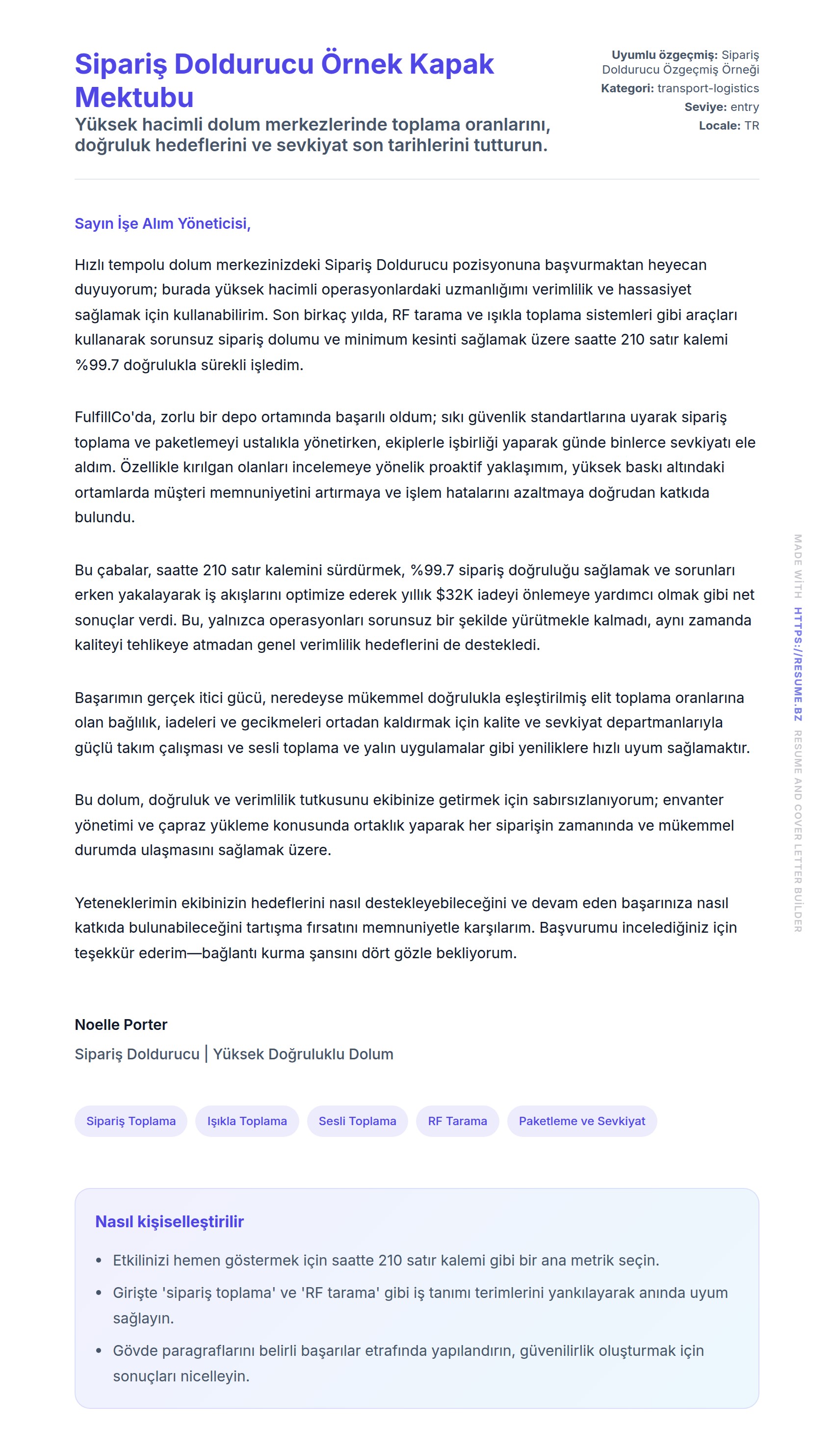 Kapak Mektubu önizlemesi Sipariş Doldurucu Örnek Kapak Mektubu için