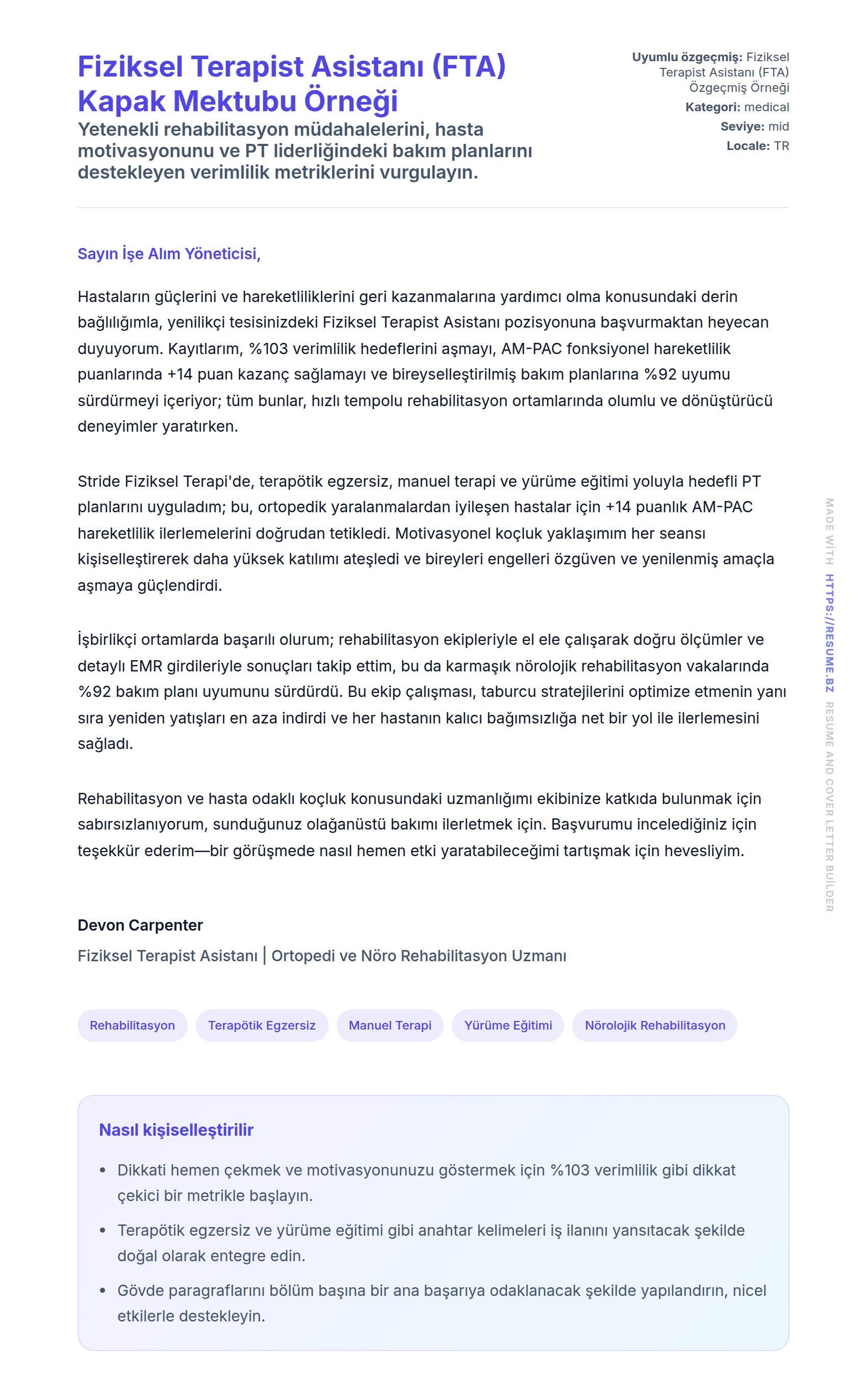 Kapak Mektubu önizlemesi Fiziksel Terapist Asistanı (FTA) Kapak Mektubu Örneği için