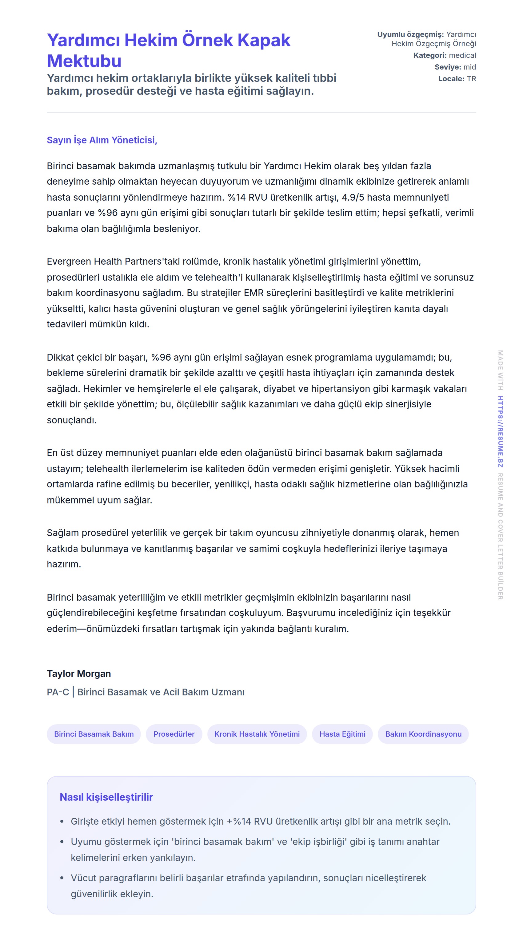 Kapak Mektubu önizlemesi Yardımcı Hekim Örnek Kapak Mektubu için