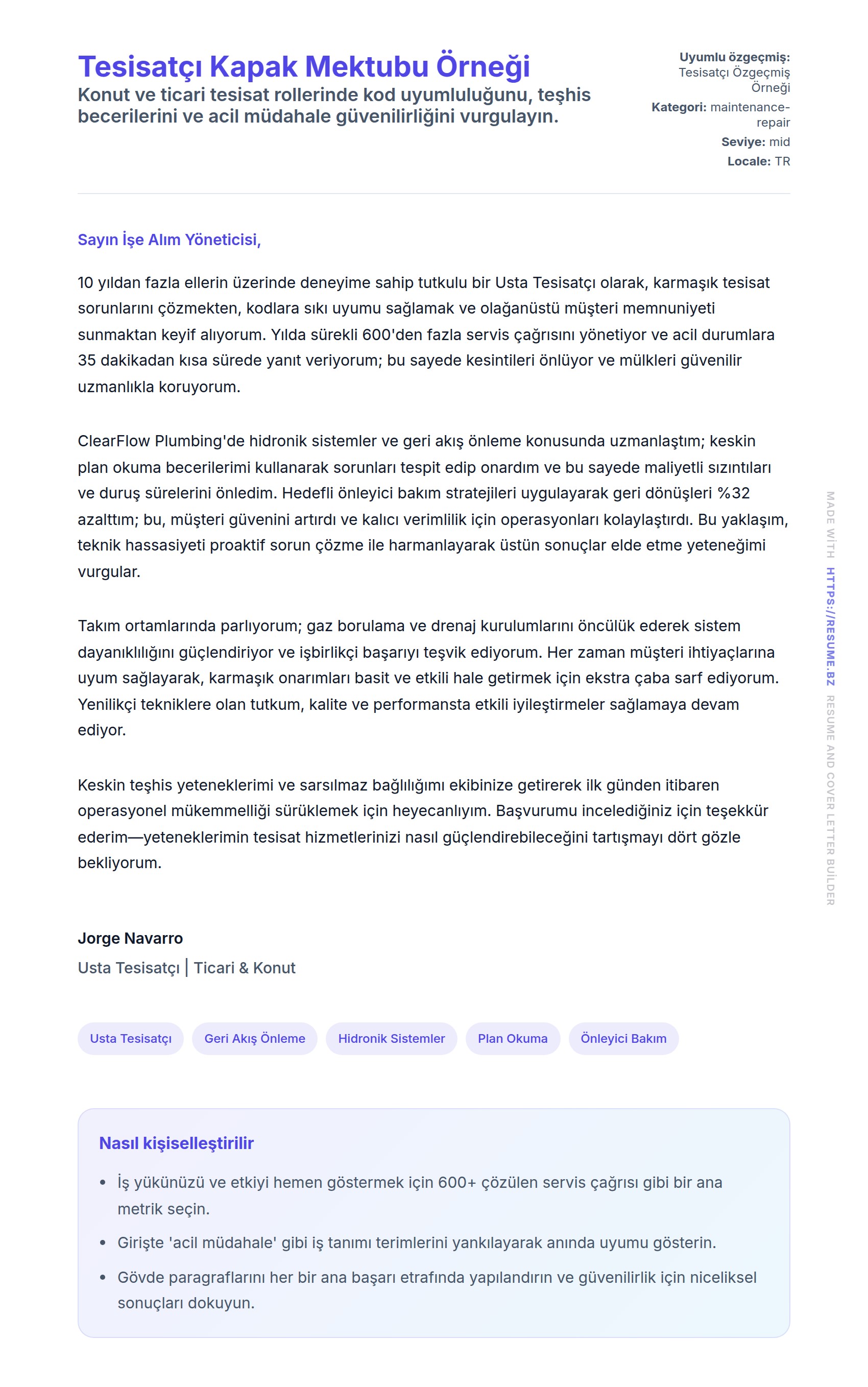 Kapak Mektubu önizlemesi Tesisatçı Kapak Mektubu Örneği için