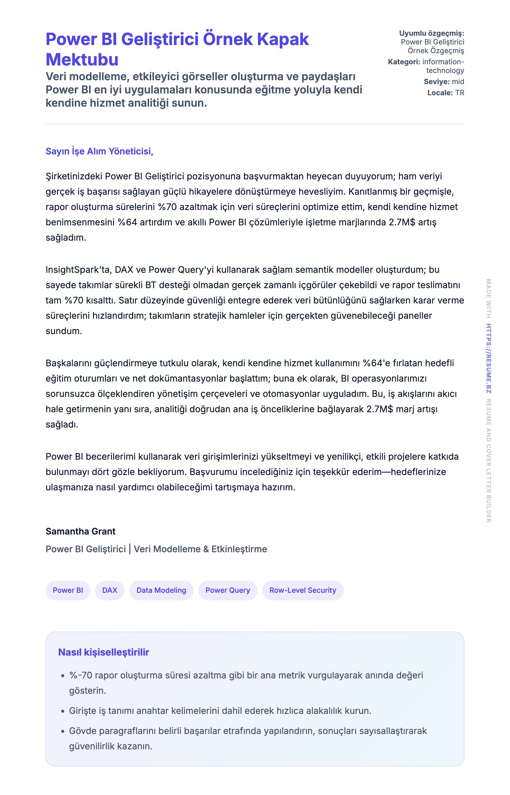 Kapak Mektubu önizlemesi Power BI Geliştirici Örnek Kapak Mektubu için
