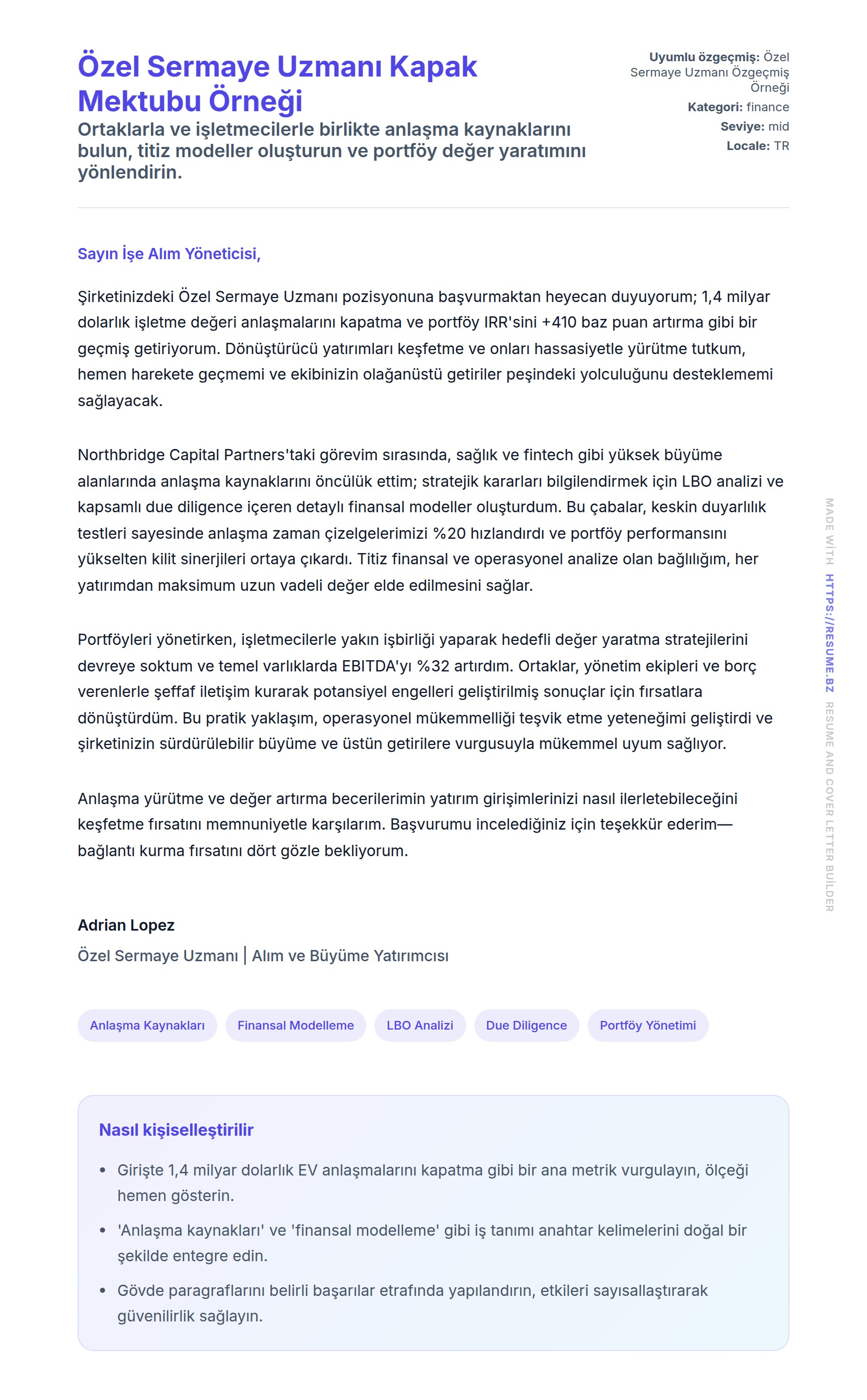 Kapak Mektubu önizlemesi Özel Sermaye Uzmanı Kapak Mektubu Örneği için