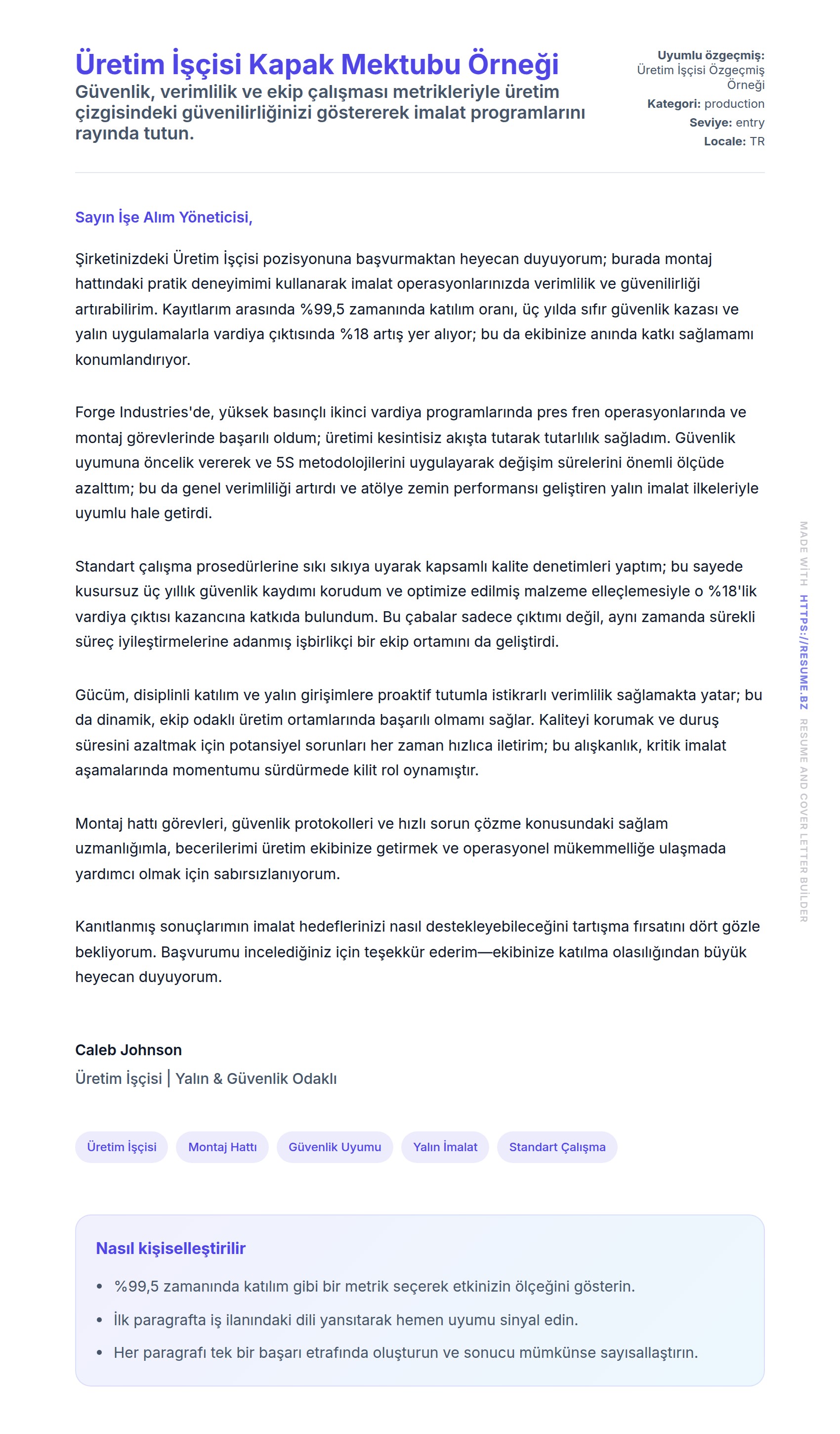 Kapak Mektubu önizlemesi Üretim İşçisi Kapak Mektubu Örneği için