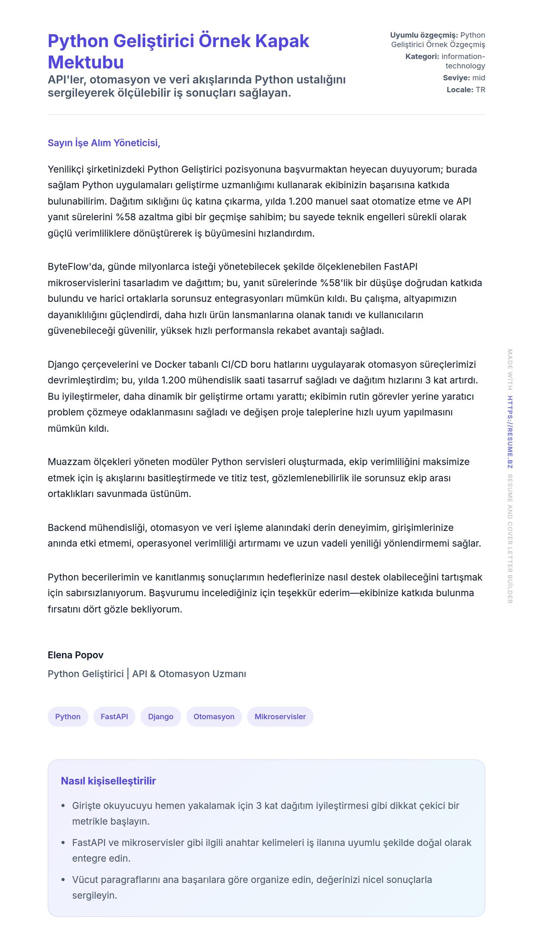 Kapak Mektubu önizlemesi Python Geliştirici Örnek Kapak Mektubu için