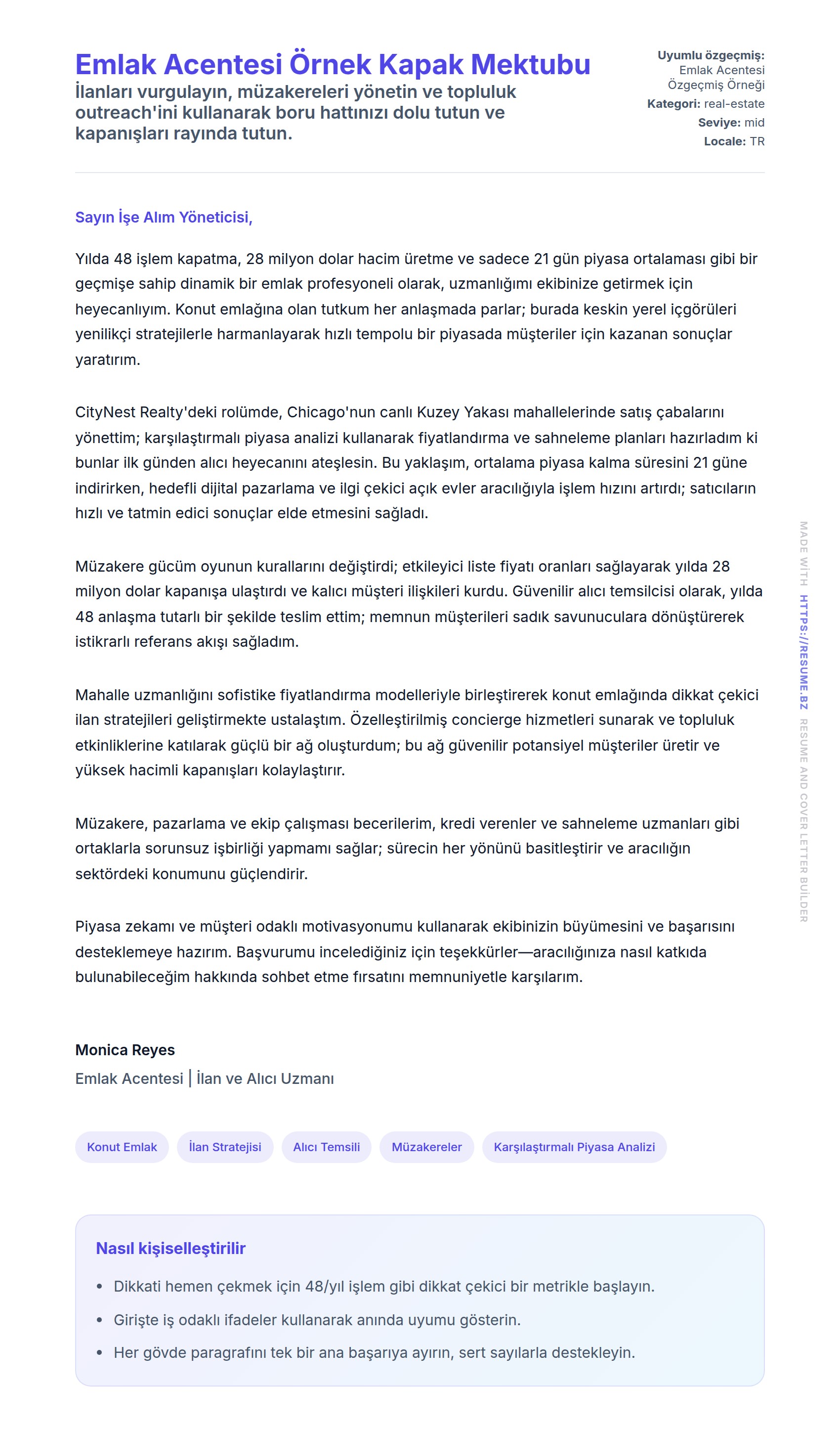 Emlak Acentesi Örnek Kapak Mektubu