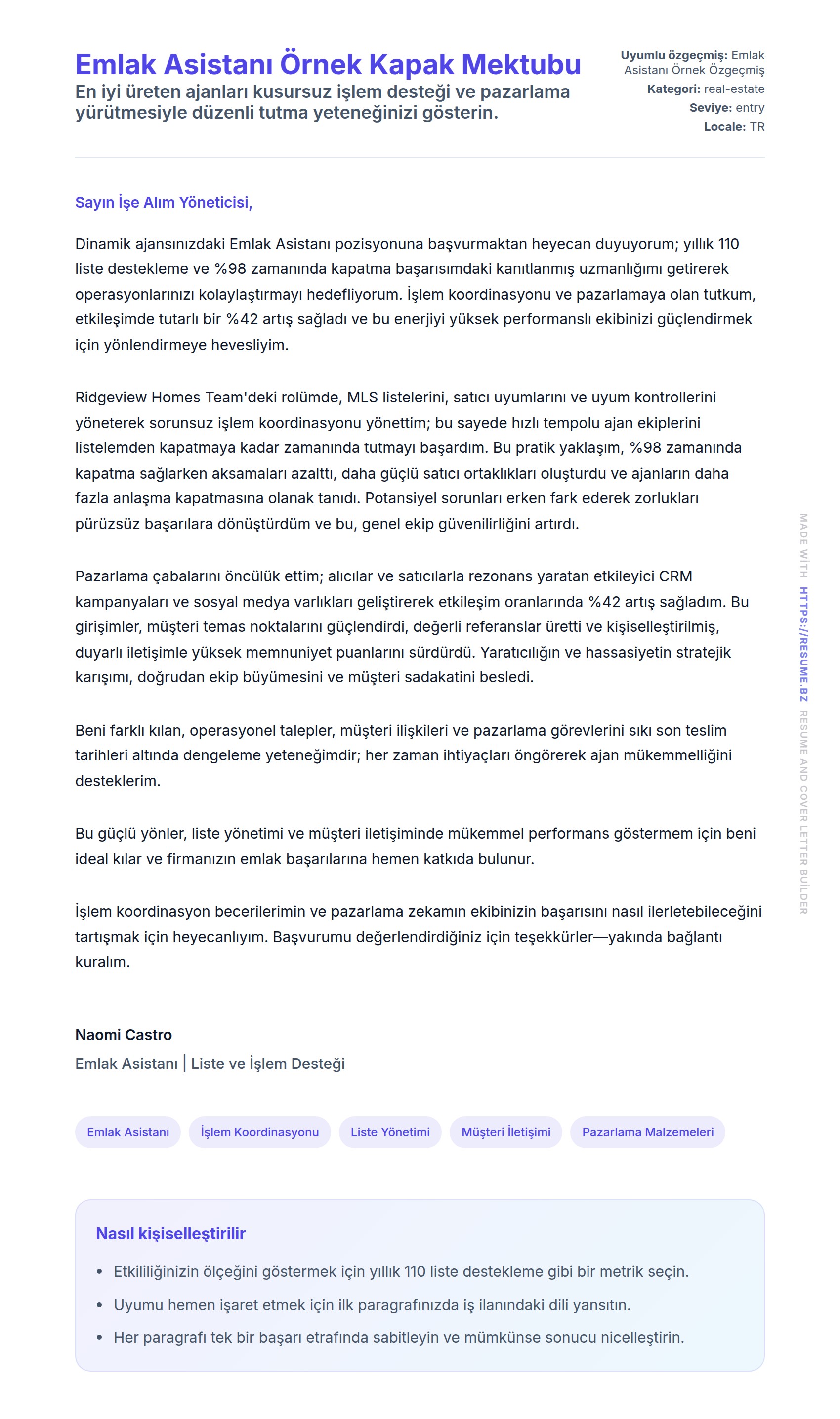 Kapak Mektubu önizlemesi Emlak Asistanı Örnek Kapak Mektubu için