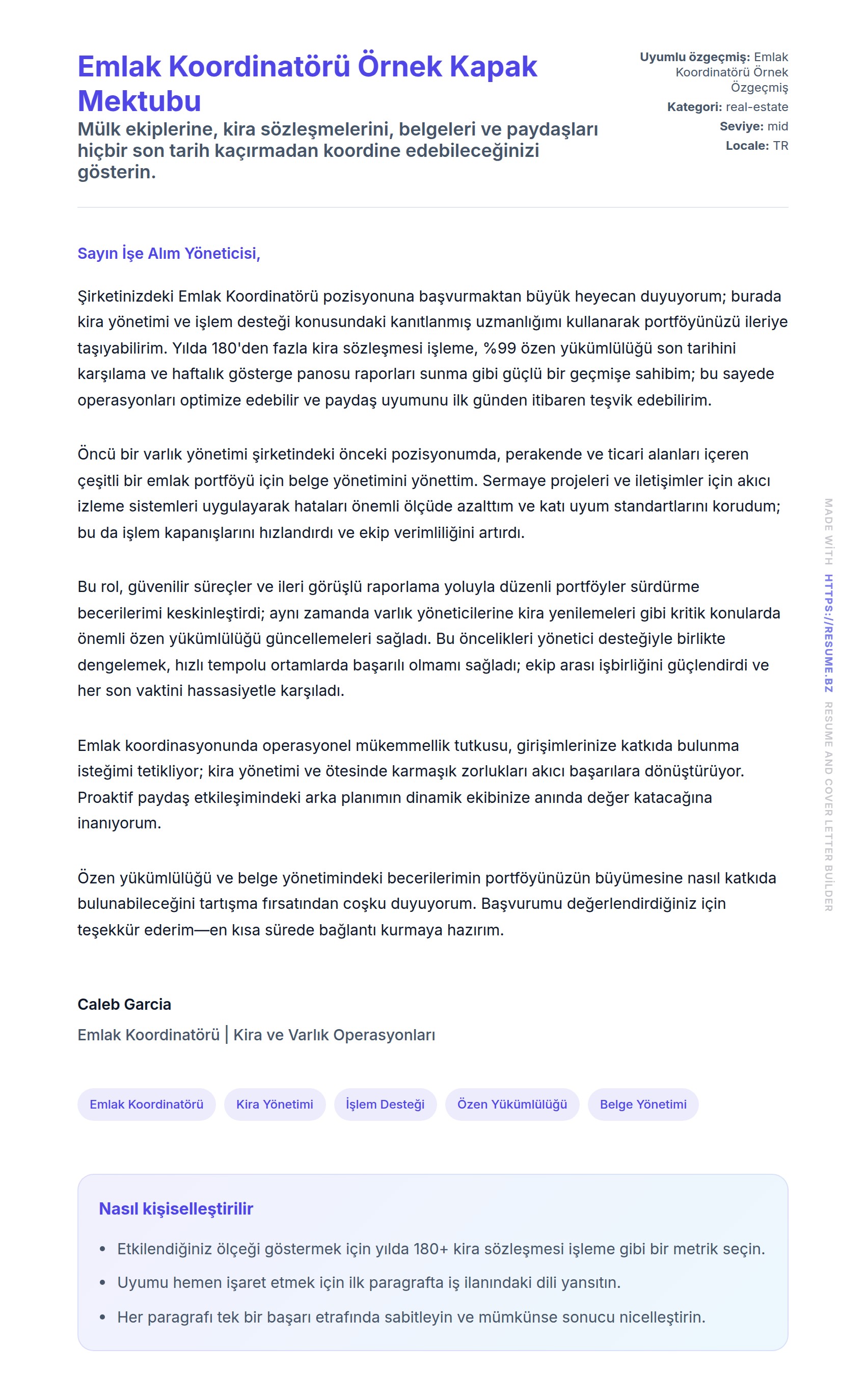 Kapak Mektubu önizlemesi Emlak Koordinatörü Örnek Kapak Mektubu için