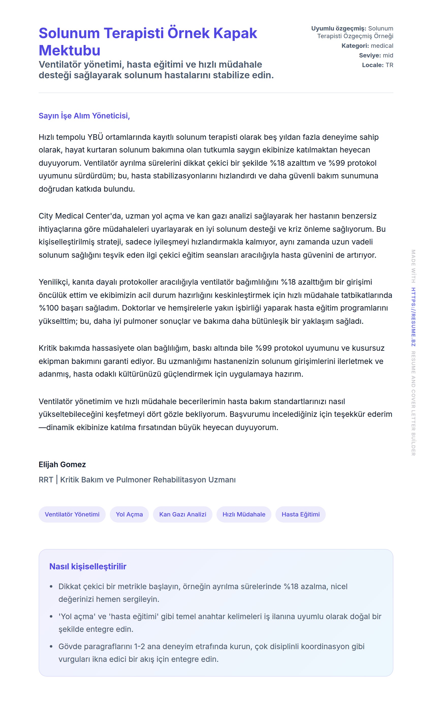 Kapak Mektubu önizlemesi Solunum Terapisti Örnek Kapak Mektubu için