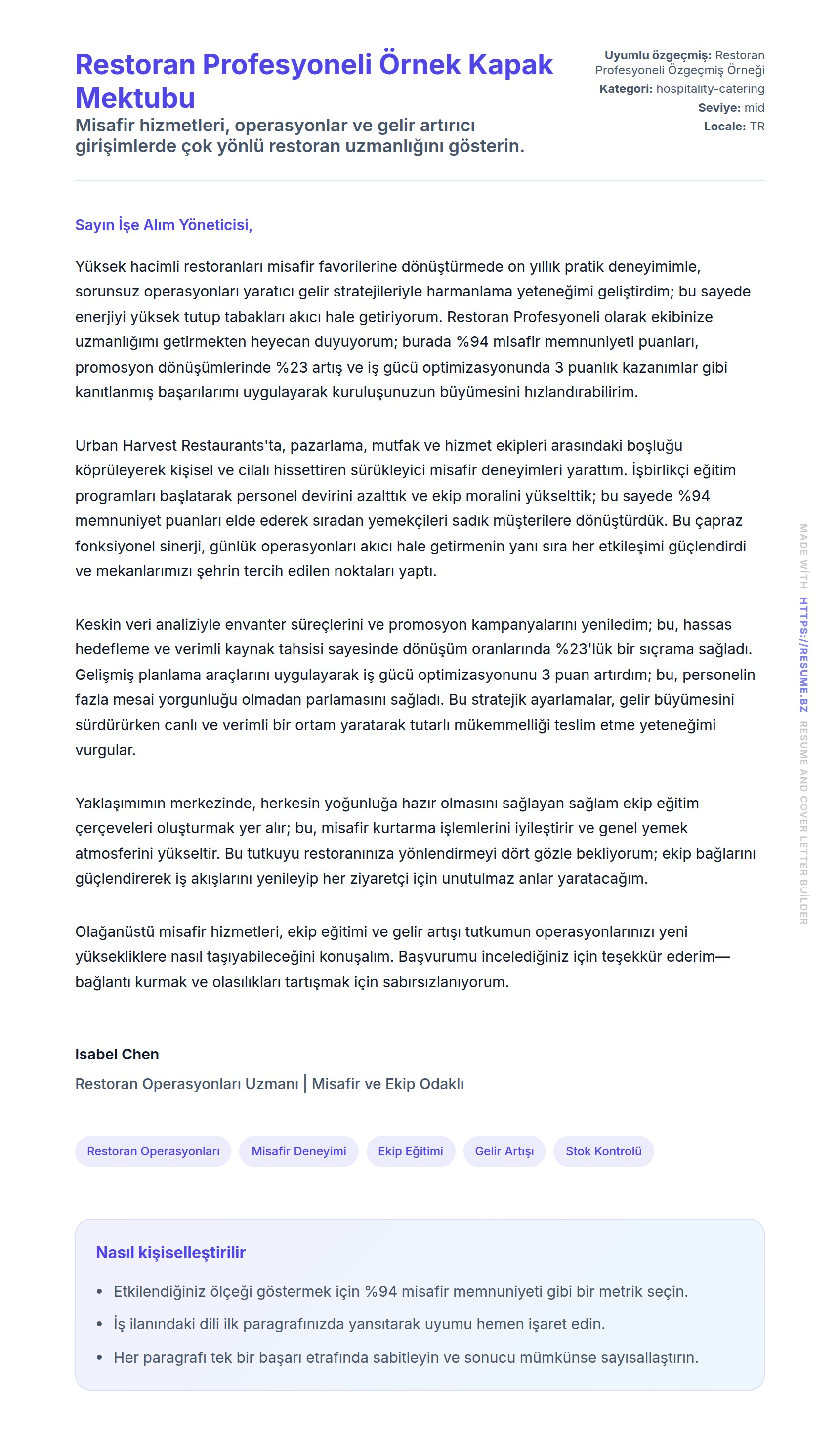 Kapak Mektubu önizlemesi Restoran Profesyoneli Örnek Kapak Mektubu için