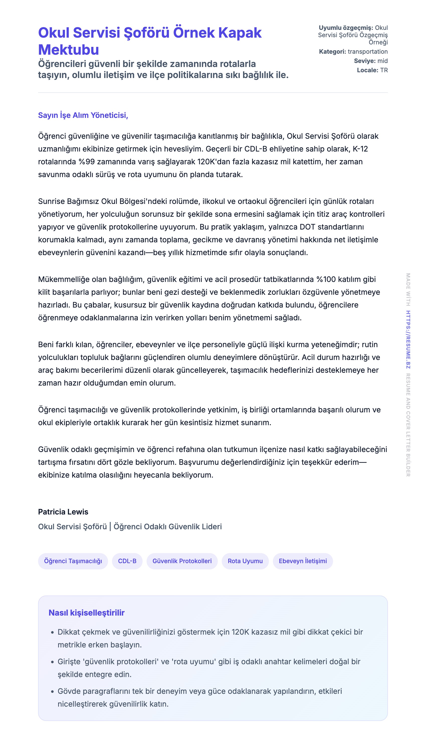 Kapak Mektubu önizlemesi Okul Servisi Şoförü Örnek Kapak Mektubu için