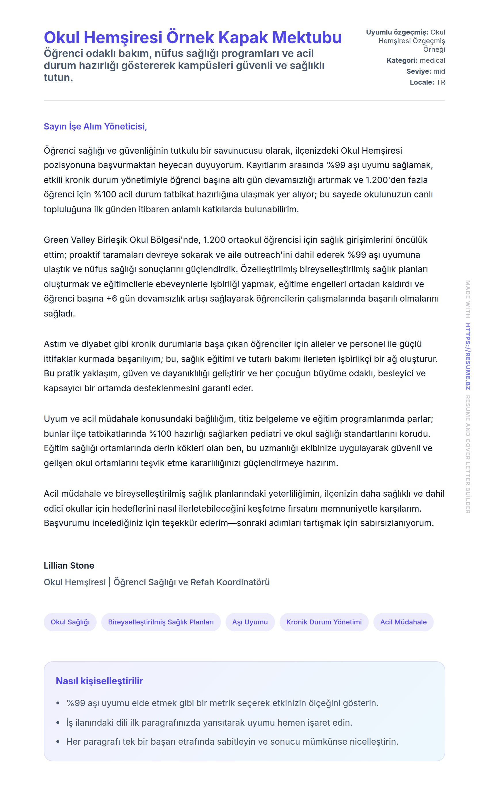 Kapak Mektubu önizlemesi Okul Hemşiresi Örnek Kapak Mektubu için