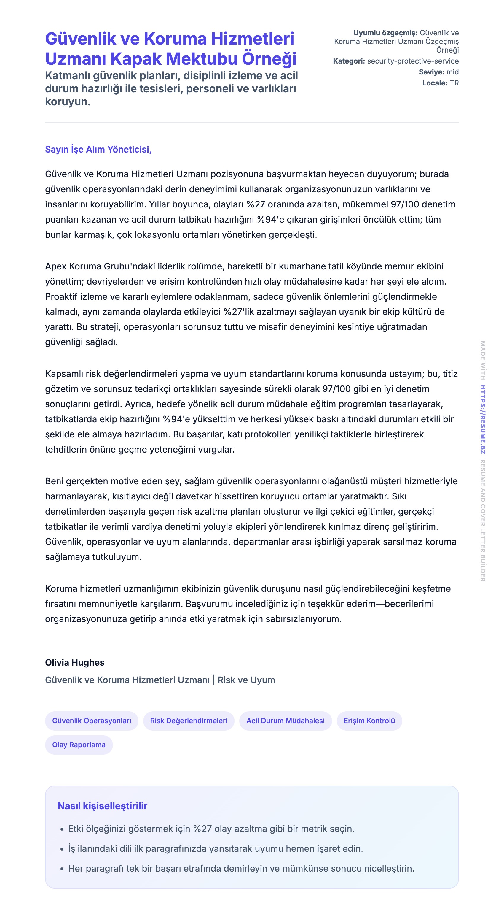 Kapak Mektubu önizlemesi Güvenlik ve Koruma Hizmetleri Uzmanı Kapak Mektubu Örneği için