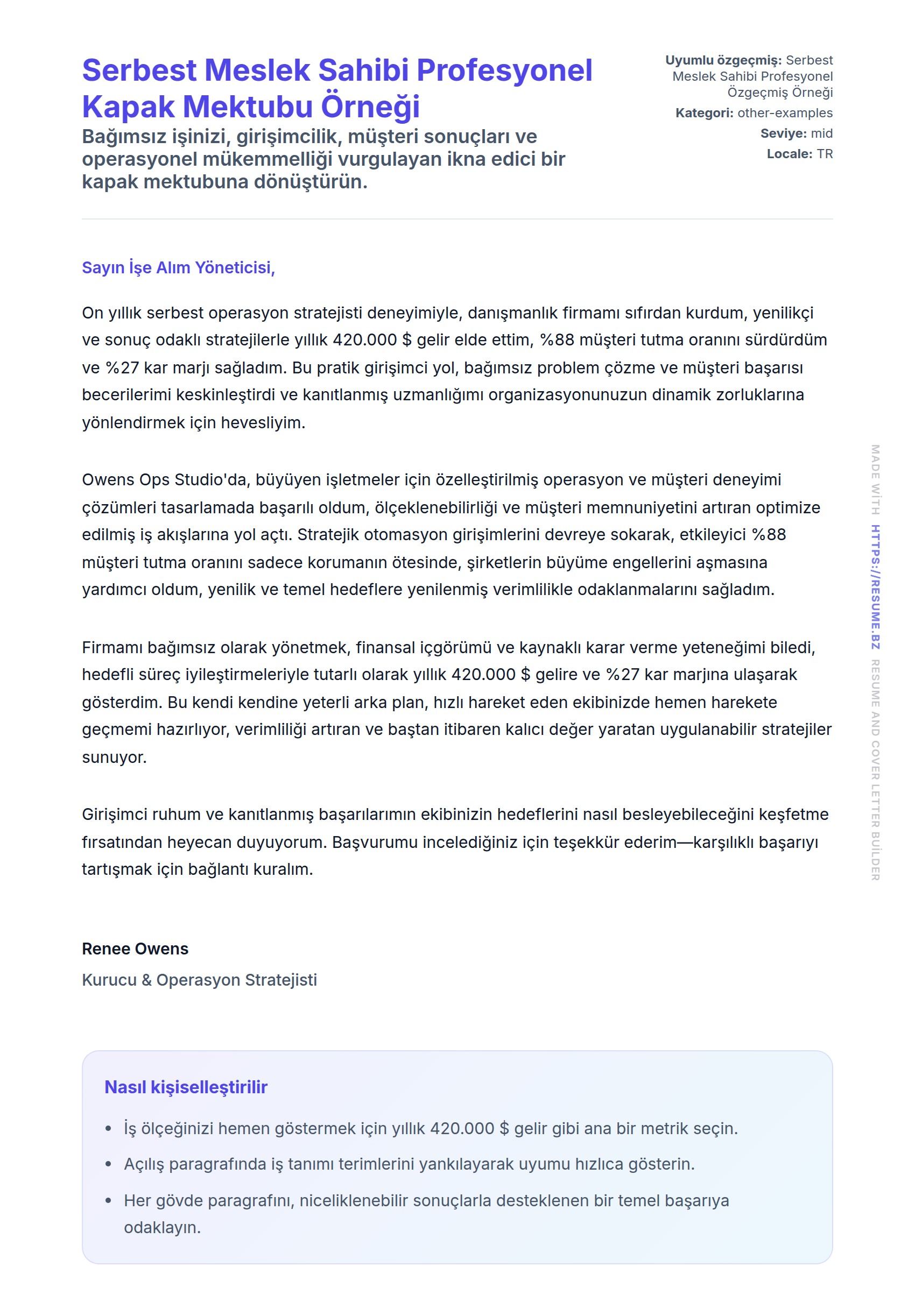 Serbest Meslek Sahibi Profesyonel Kapak Mektubu Örneği