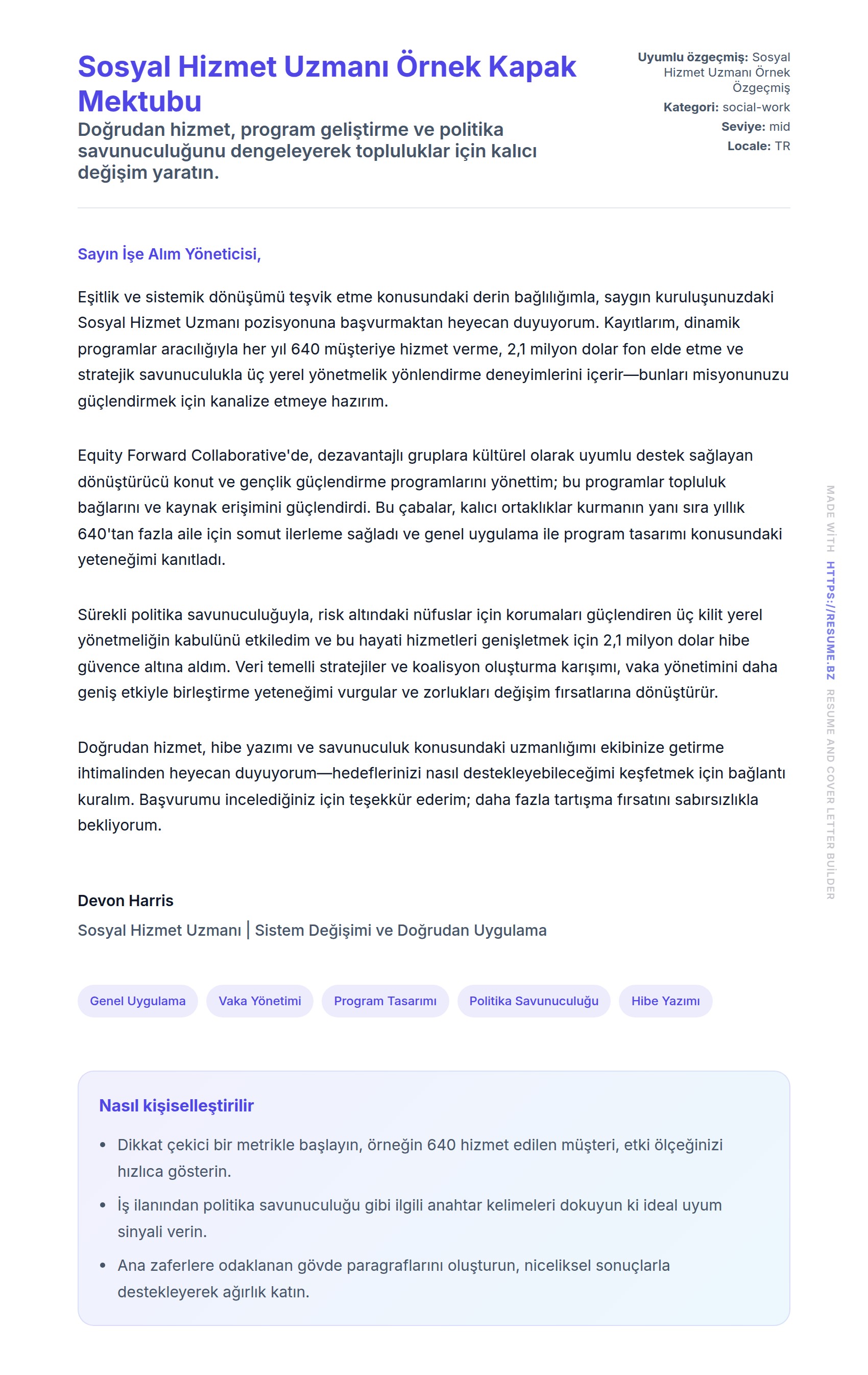 Kapak Mektubu önizlemesi Sosyal Hizmet Uzmanı Örnek Kapak Mektubu için