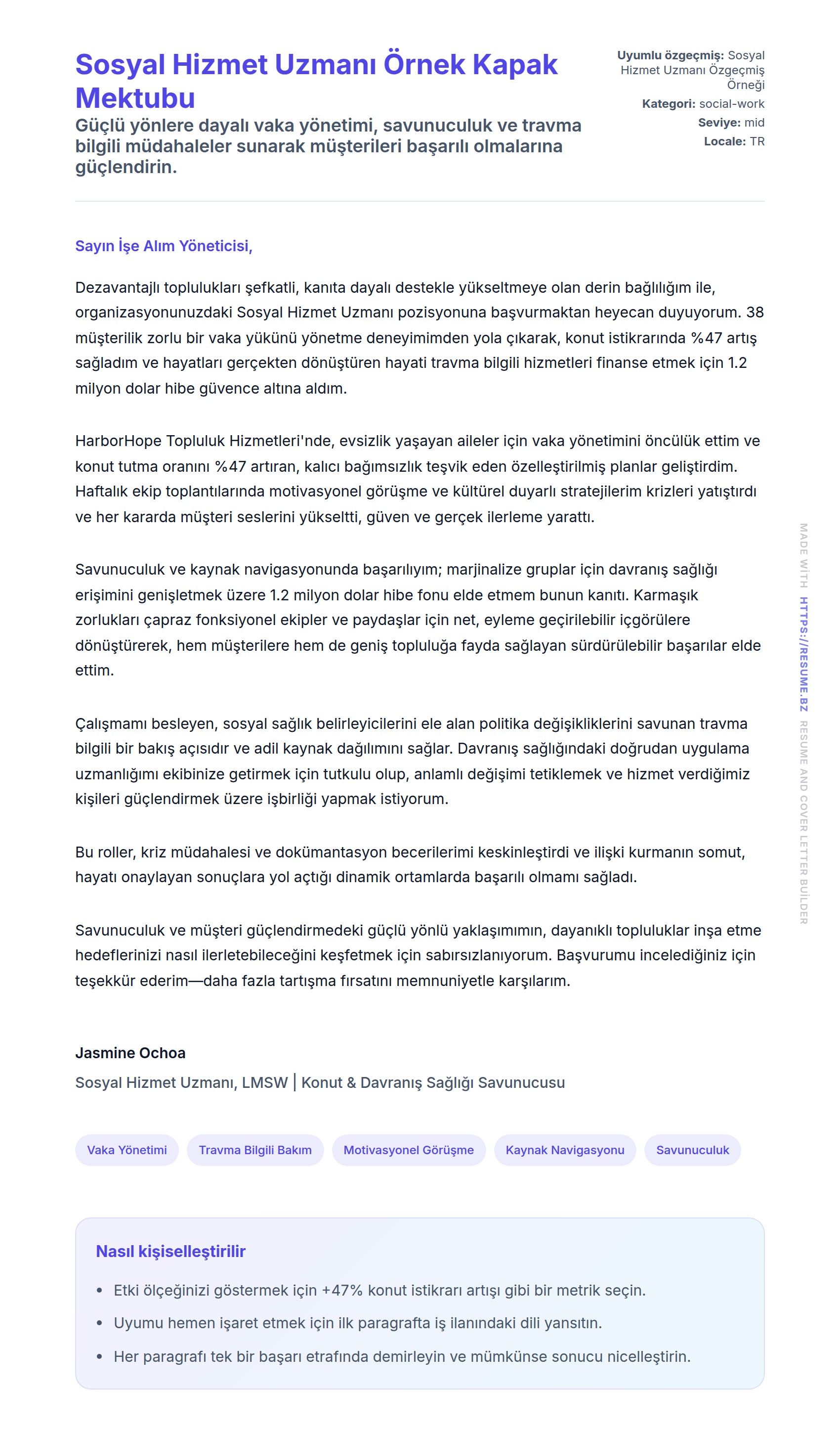 Kapak Mektubu önizlemesi Sosyal Hizmet Uzmanı Örnek Kapak Mektubu için
