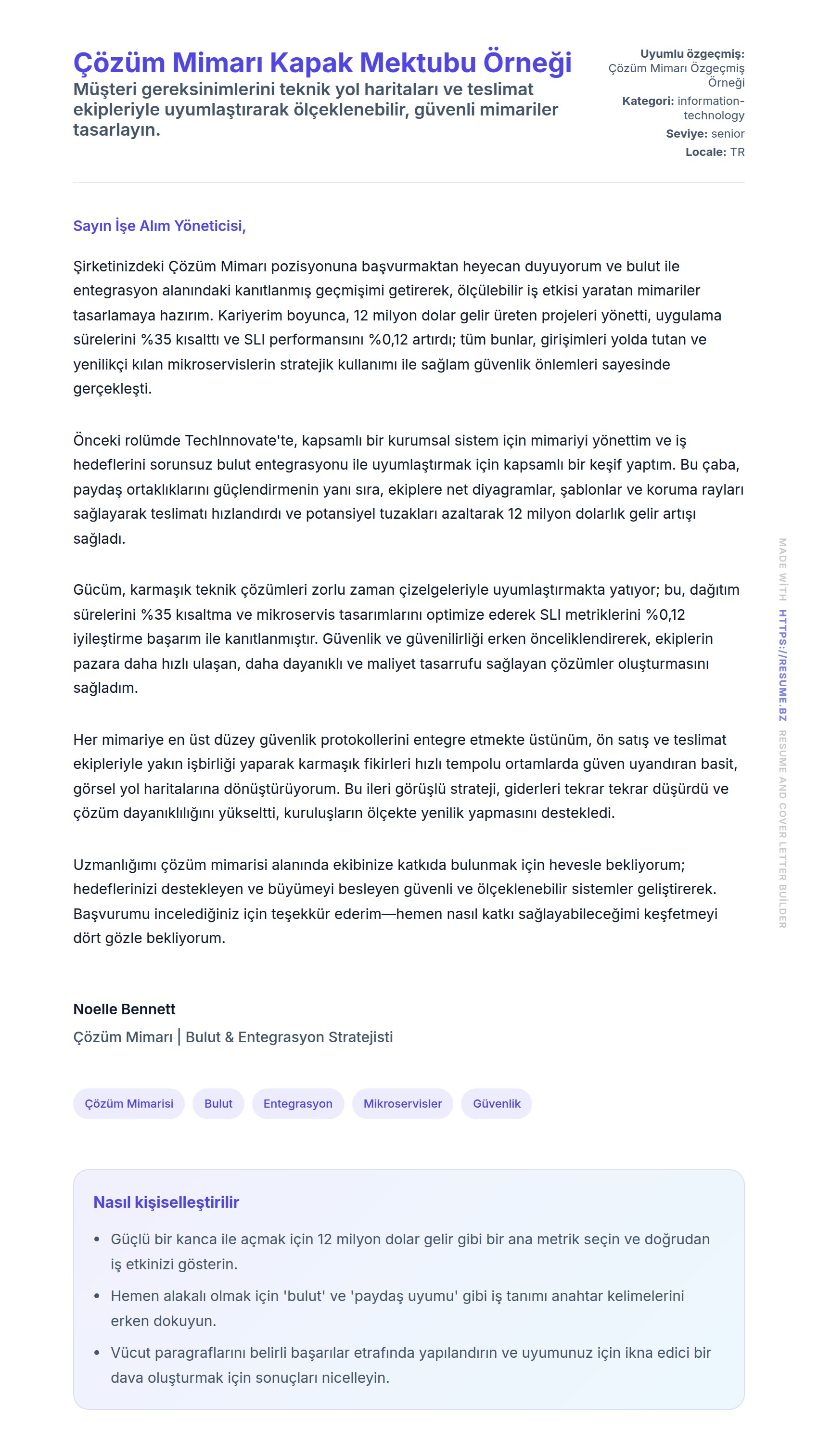 Kapak Mektubu önizlemesi Çözüm Mimarı Kapak Mektubu Örneği için