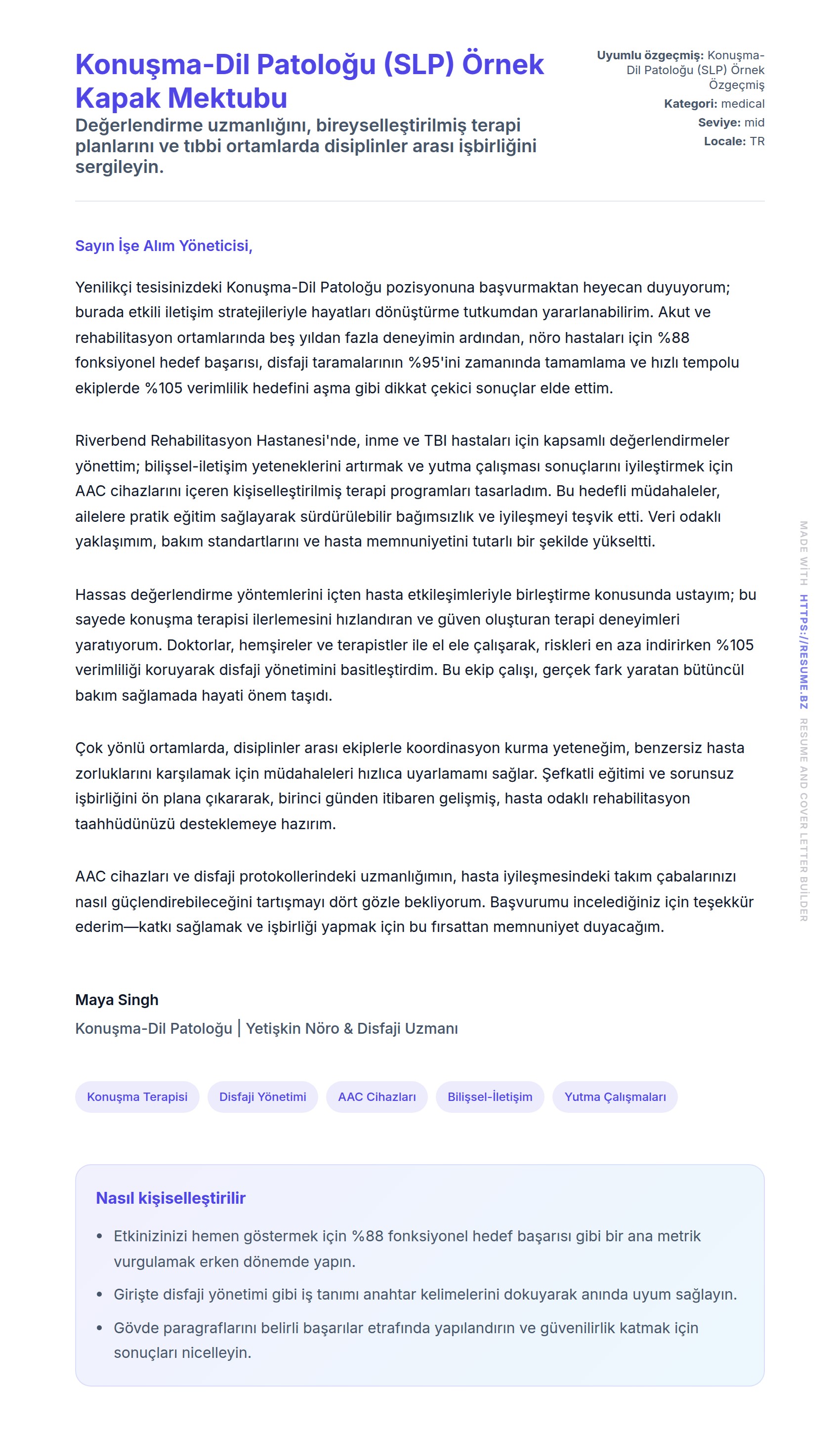 Kapak Mektubu önizlemesi Konuşma-Dil Patoloğu (SLP) Örnek Kapak Mektubu için