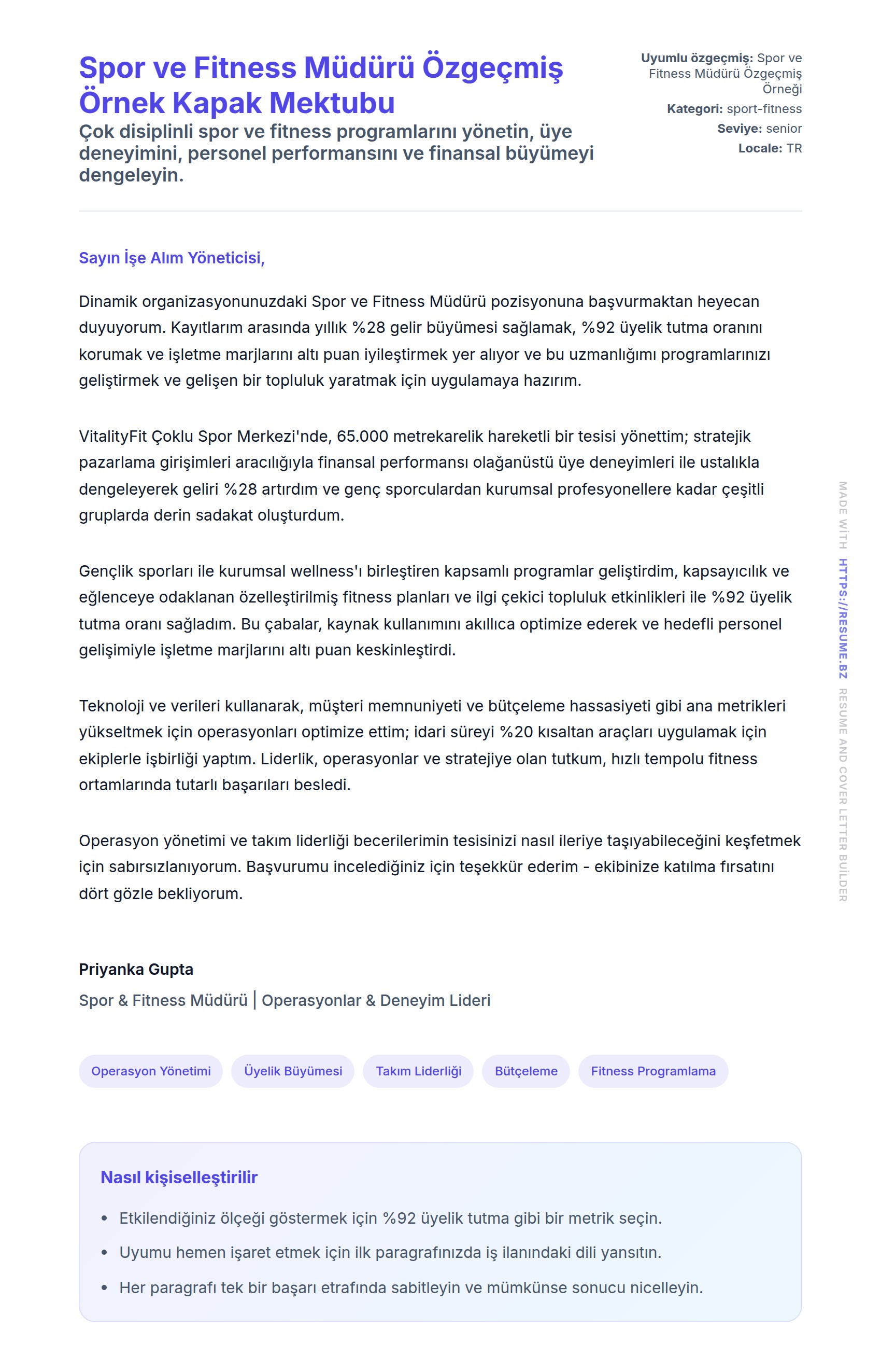 Kapak Mektubu önizlemesi Spor ve Fitness Müdürü Özgeçmiş Örnek Kapak Mektubu için