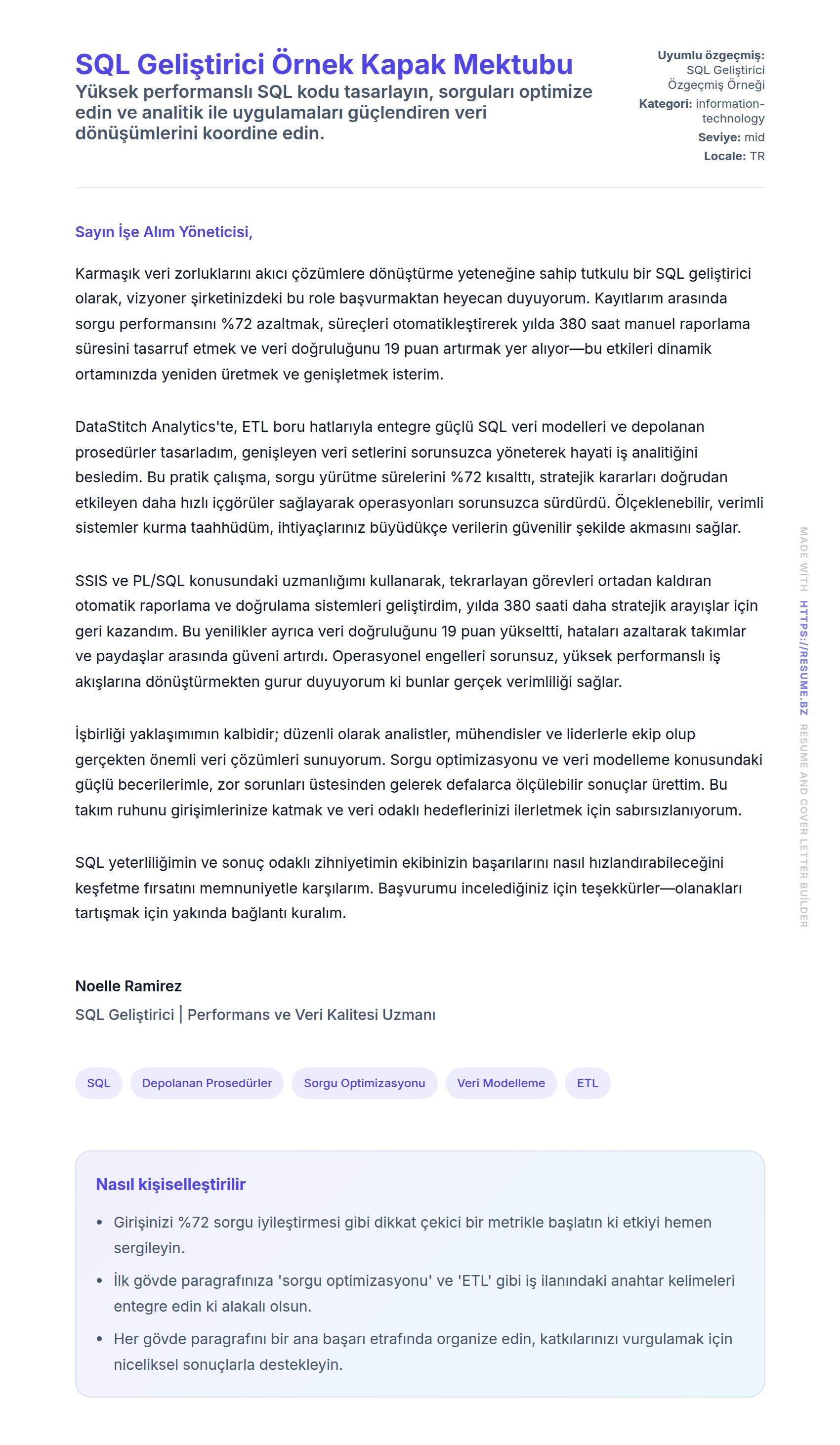 Kapak Mektubu önizlemesi SQL Geliştirici Örnek Kapak Mektubu için