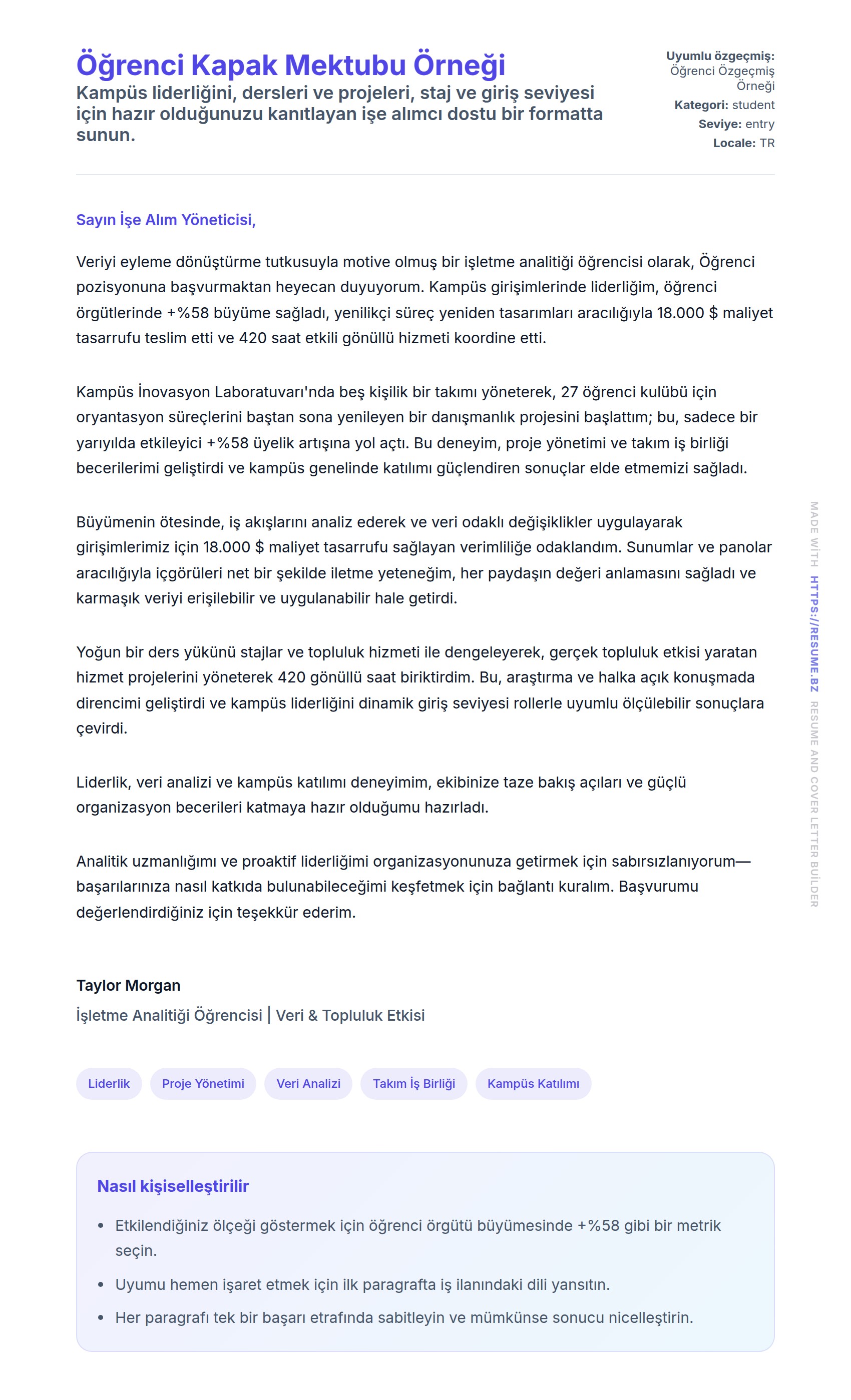 Öğrenci Kapak Mektubu Örneği