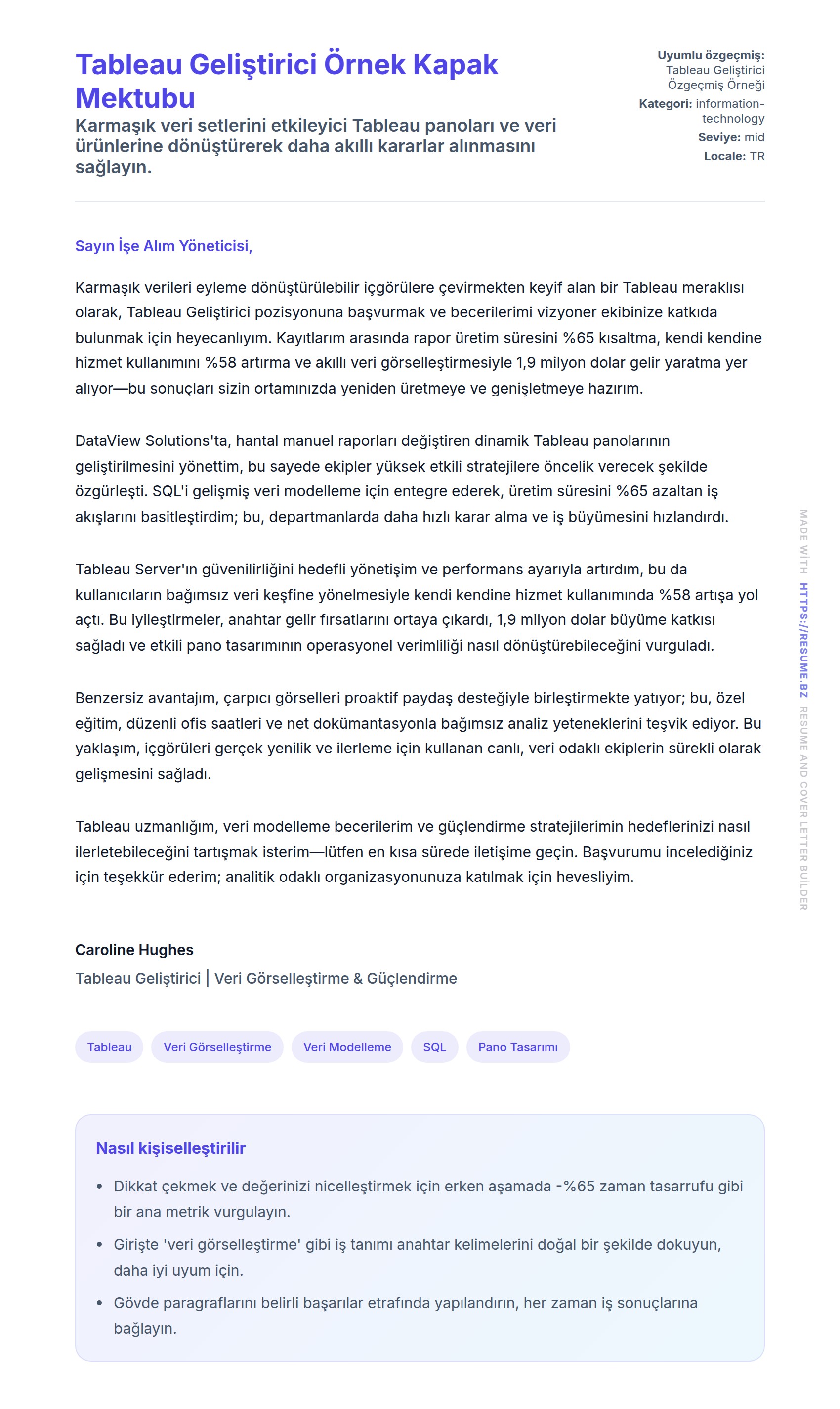 Kapak Mektubu önizlemesi Tableau Geliştirici Örnek Kapak Mektubu için