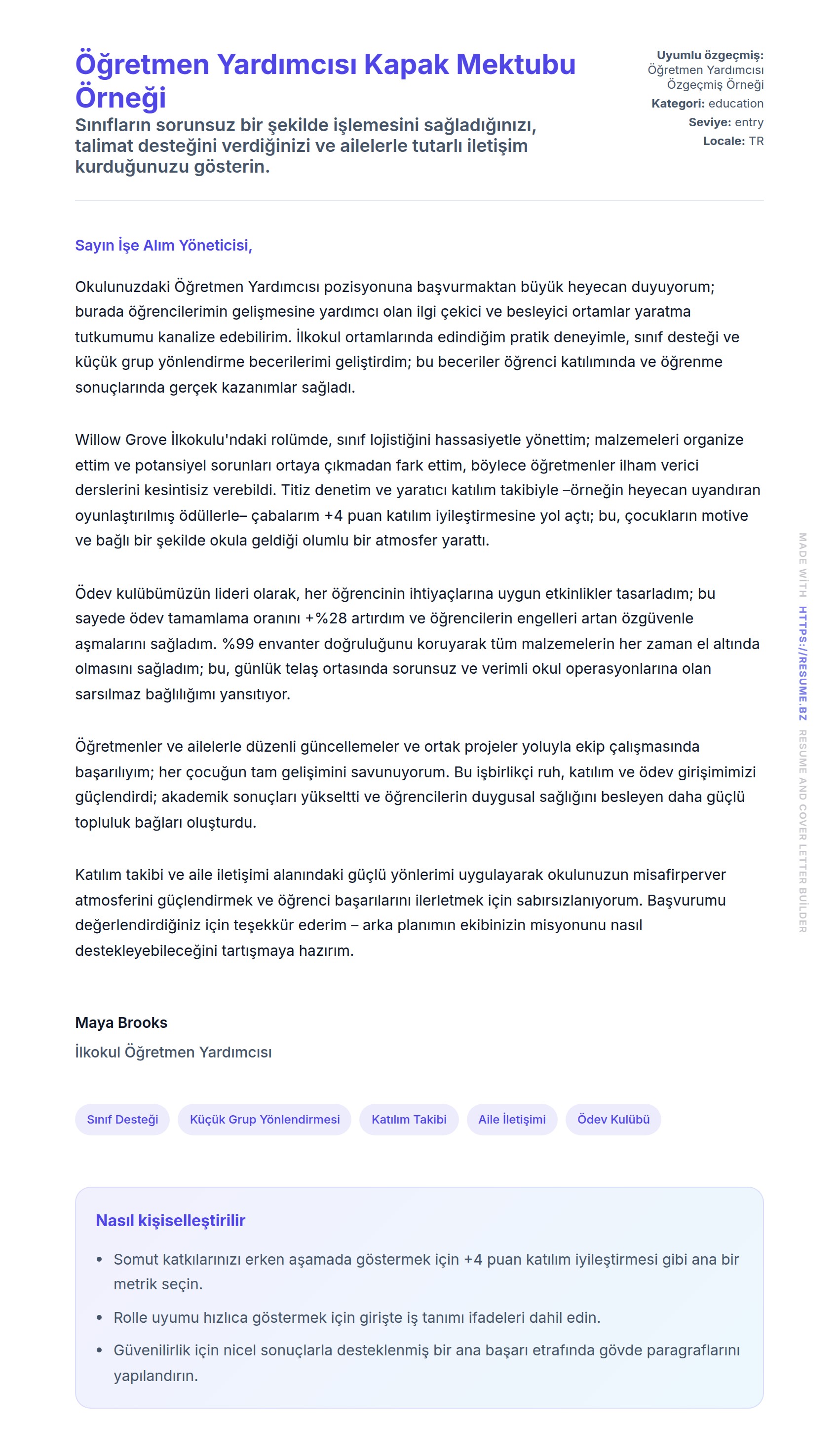 Kapak Mektubu önizlemesi Öğretmen Yardımcısı Kapak Mektubu Örneği için