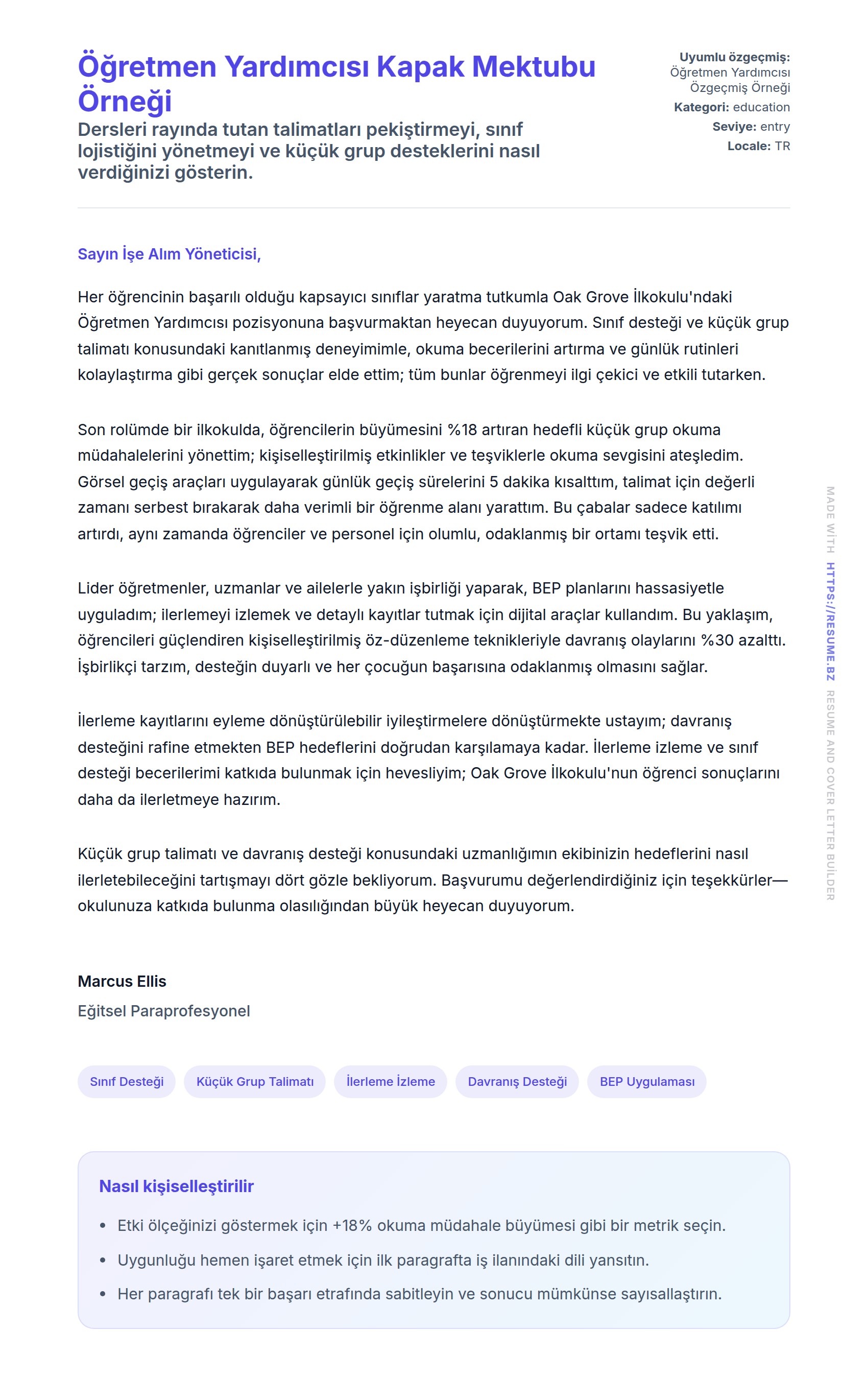 Kapak Mektubu önizlemesi Öğretmen Yardımcısı Kapak Mektubu Örneği için