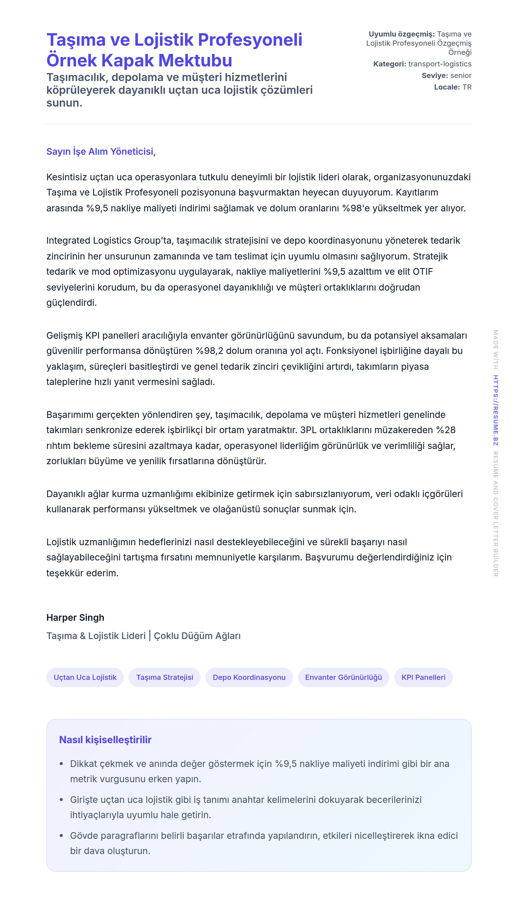Kapak Mektubu önizlemesi Taşıma ve Lojistik Profesyoneli Örnek Kapak Mektubu için
