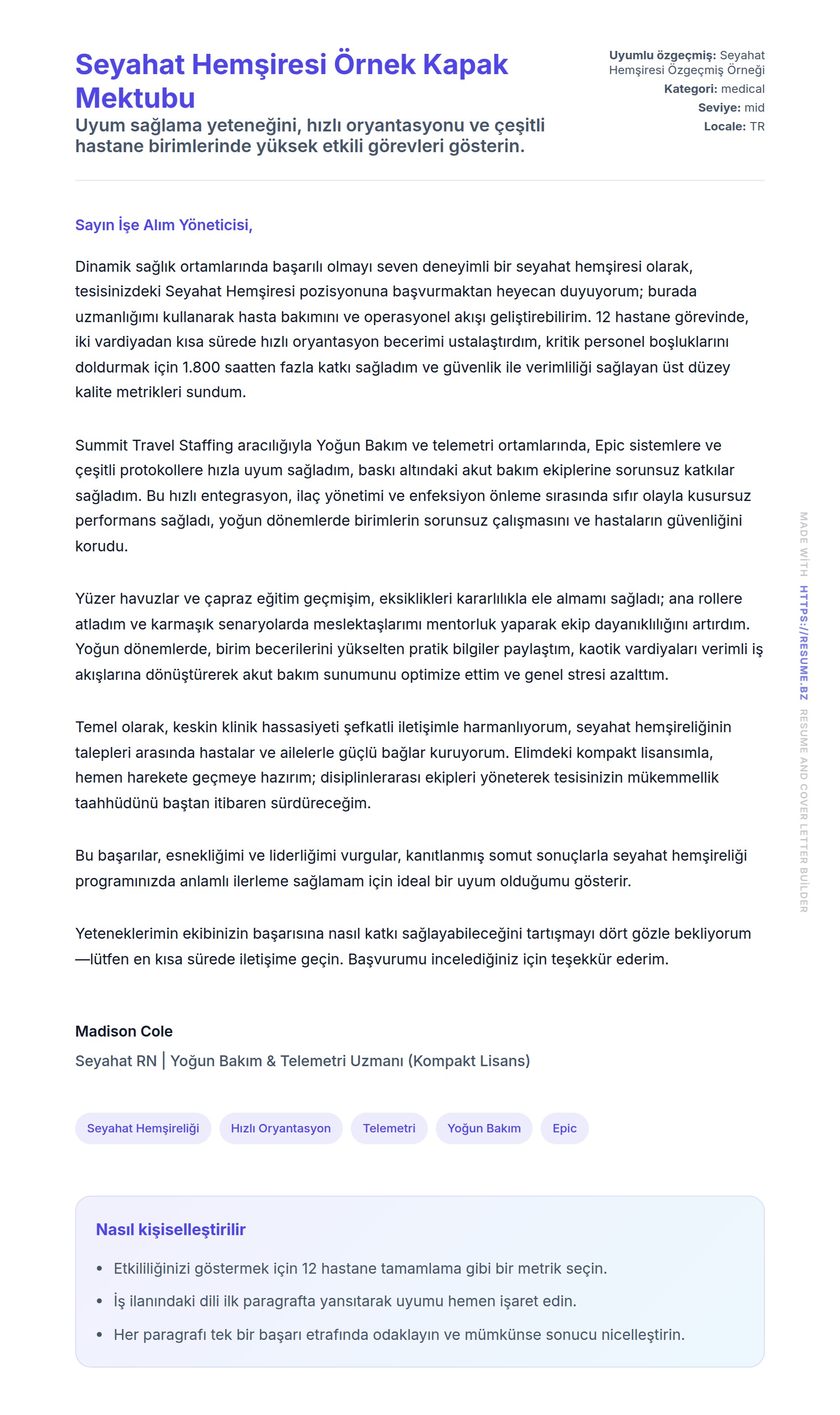 Kapak Mektubu önizlemesi Seyahat Hemşiresi Örnek Kapak Mektubu için